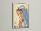 A white frame surrounds this beautiful Virgin Mary art. It offers a clean modern look. This catholic wall decor is perfect for any room. It’s a simple way to add spiritual artwork to your home. Display your holy mary print with this elegant frame.