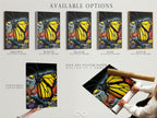 Available options for the Monarch Butterfly art print. Choose from a stretched canvas print fine art poster paper or floating frame. The floral insect canvas adds a touch of nature to any room. This yellow artwork is a must-have.