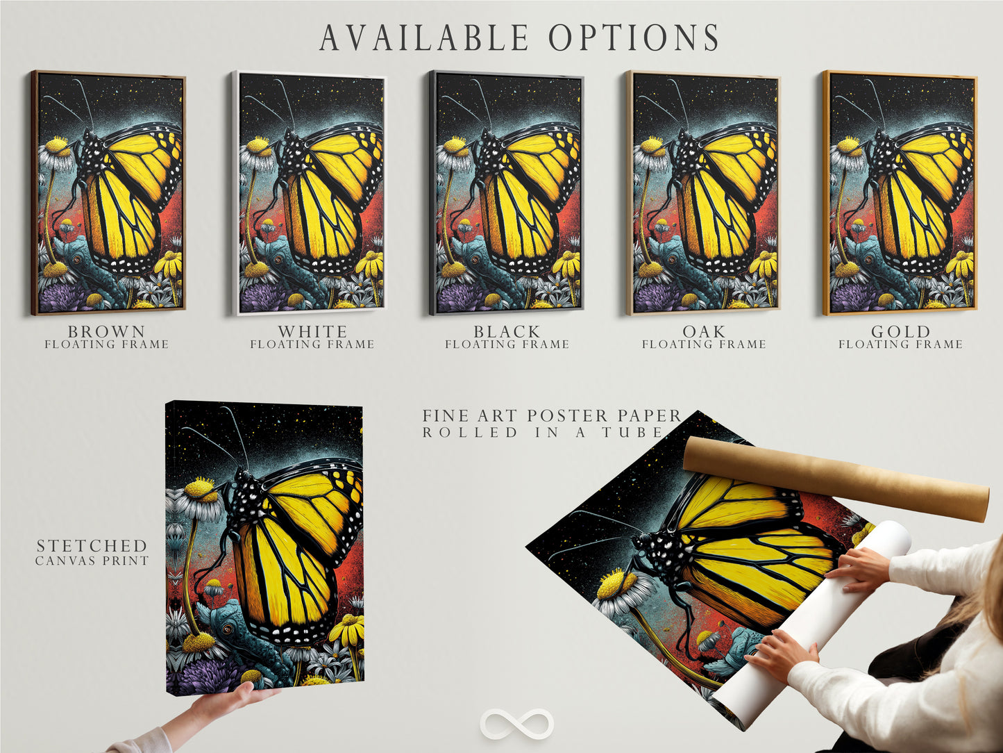 Available options for the Monarch Butterfly art print. Choose from a stretched canvas print fine art poster paper or floating frame. The floral insect canvas adds a touch of nature to any room. This yellow artwork is a must-have.