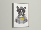 View the French Bulldog artwork in an oak frame. This dog portrait print adds a touch of vintage charm to any space. The oak frame enhances the quirky wall art. It is perfect for dog lovers seeking unique office decor.