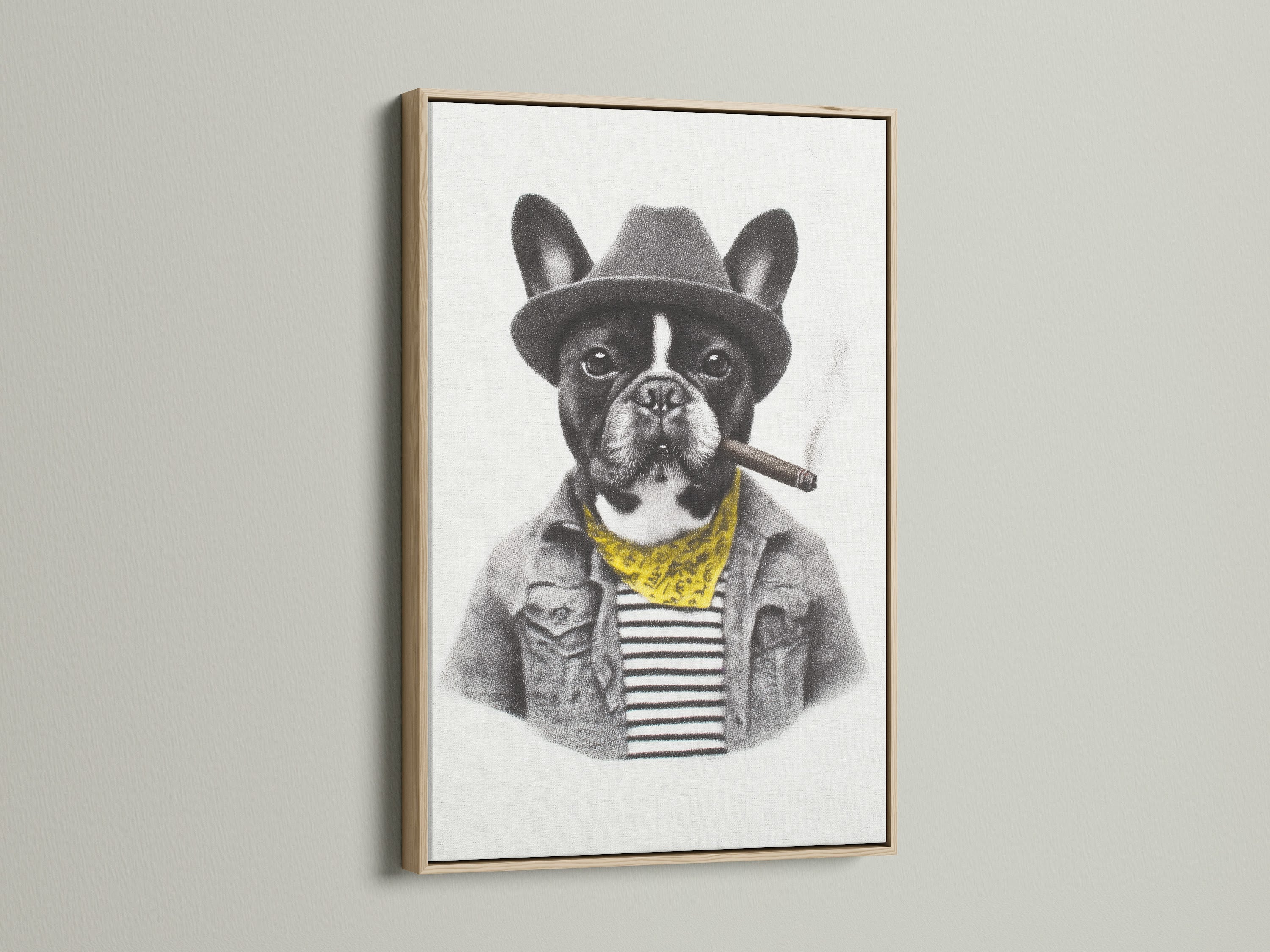 View the French Bulldog artwork in an oak frame. This dog portrait print adds a touch of vintage charm to any space. The oak frame enhances the quirky wall art. It is perfect for dog lovers seeking unique office decor.