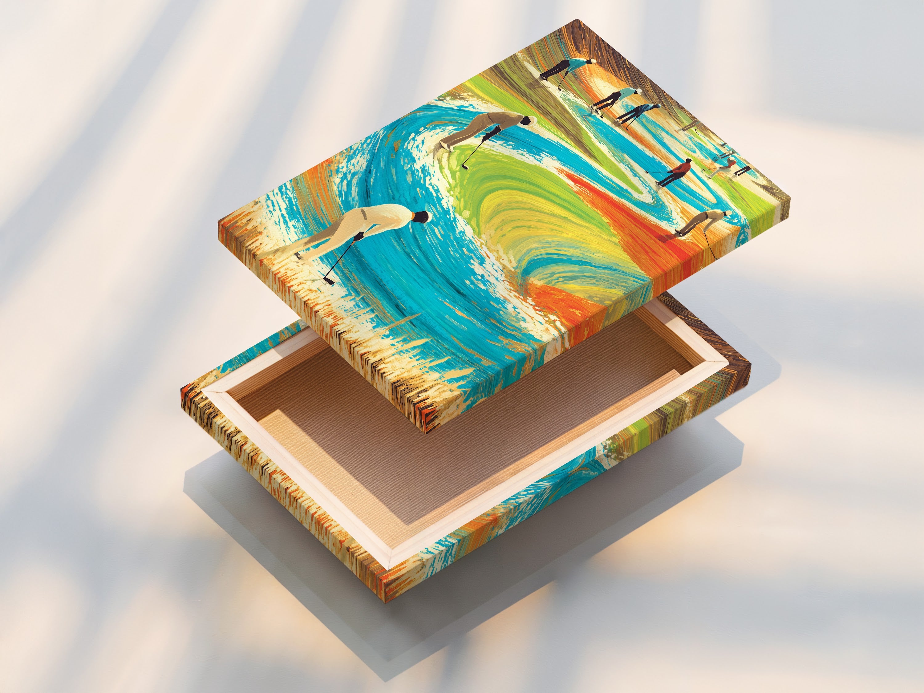 Stretched canvas print of golf artwork. This sports canvas art is ready to hang. The colorful sports art will brighten up your walls. A modern golf landscape adds a unique focal point. This is a great art piece