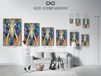 A size comparison chart in an interior setting. The chart showcases various sizes of the elephant art print. This chart helps you visualize the perfect fit for your space. Choose the ideal size to complement your bohemian decor. Find the perfect piece for your living room wall art. Explore options for eclectic wall decor.