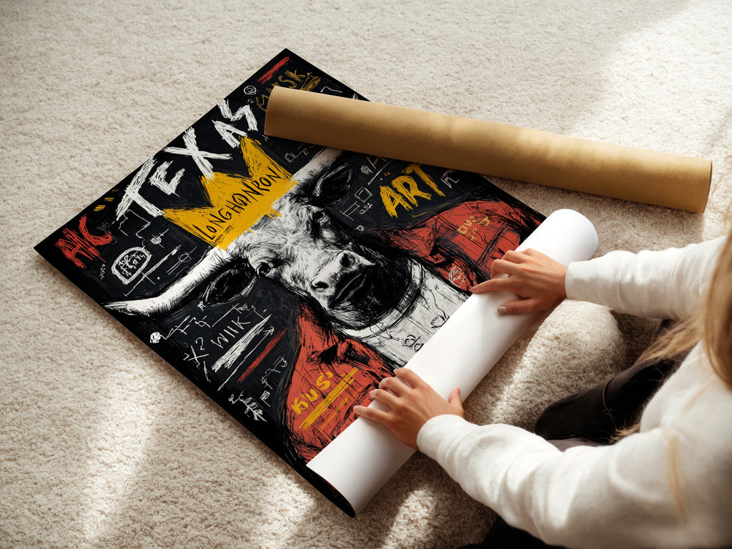 A woman is carefully rolling a fine art poster paper. The paper features the Texas Longhorn bull artwork. This shows the delicate process of preparing a street art print for display.