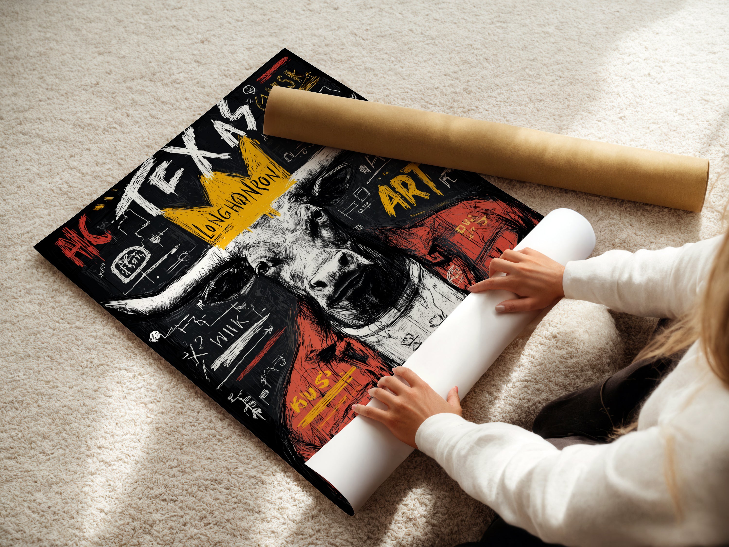 A woman is carefully rolling a fine art poster paper. The paper features the Texas Longhorn bull artwork. This shows the delicate process of preparing a street art print for display.
