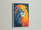 A striking lion artwork is presented in a white frame. The white frame offers a clean and modern aesthetic. This allows the colorful artwork to truly stand out. It's a versatile choice for various interior styles.
