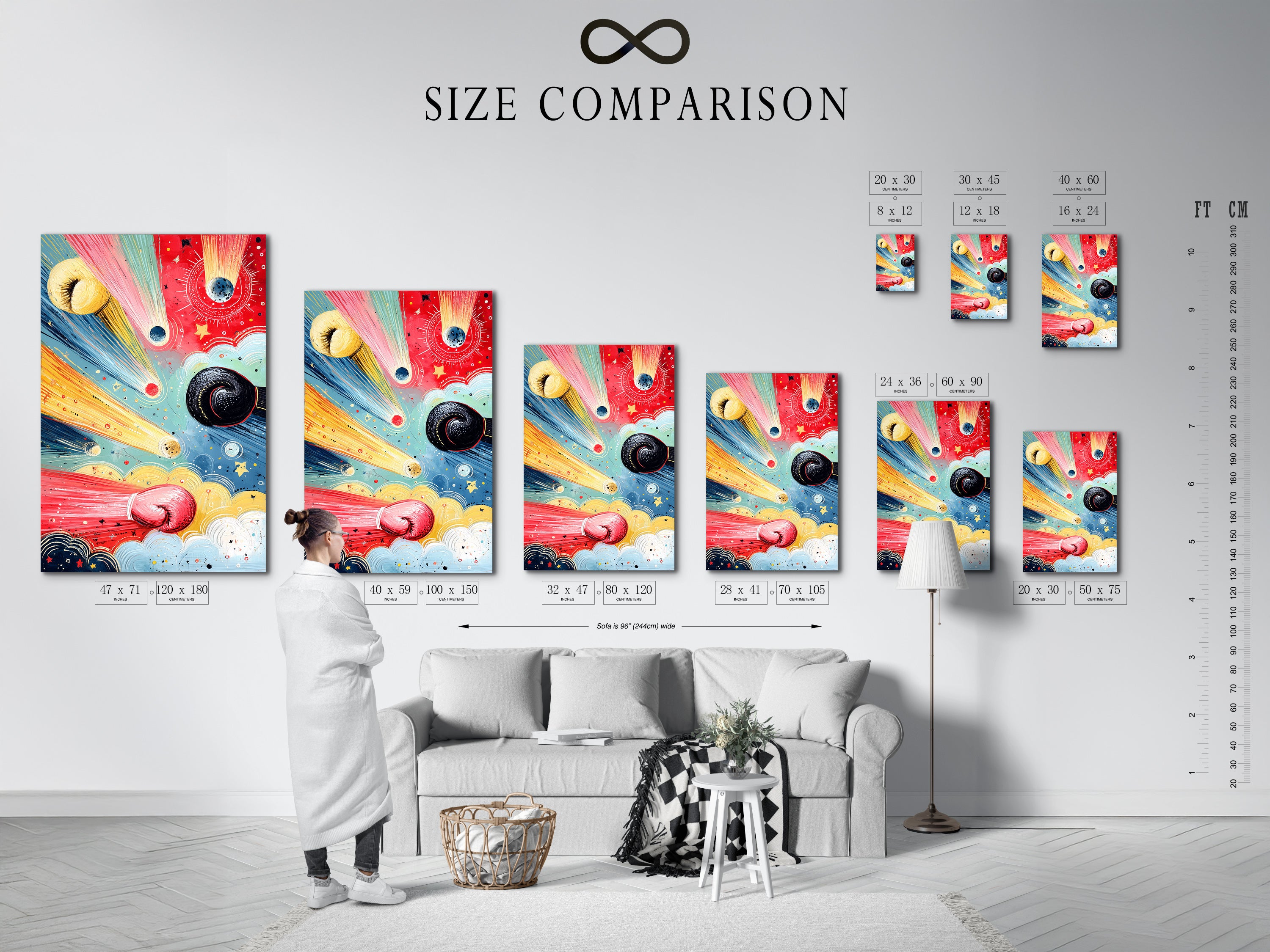 A size comparison chart displayed in an interior setting. This chart helps visualize different art sizes. Perfect for planning your wall decor arrangement. See how the boxing gloves art fits in your space. The chart showcases canvas prints and framed options. Use this guide to choose the best size for your walls. Plan your perfect art display.