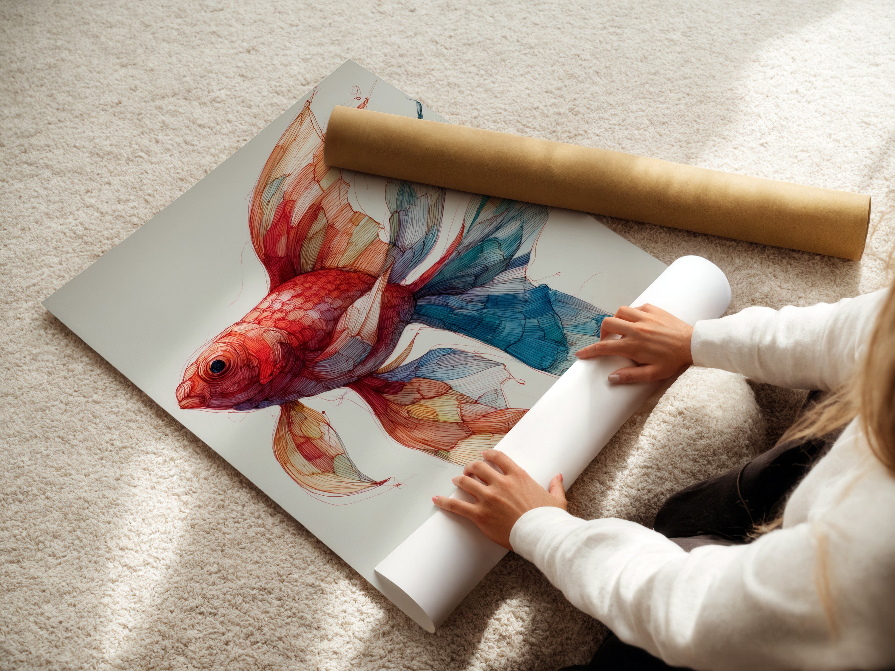 A woman is carefully rolling a fine art poster paper. This showcases the care and precision. The high-quality paper is perfect for art prints. The woman is handling the paper with expertise. This ensures the artwork remains in perfect condition. Experience the beauty of fine art prints. These prints are perfect for adding elegance to your space. The art can enhance any home decor.