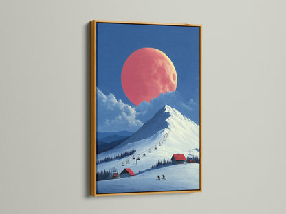 The gold frame enhances the elegance of this winter canvas print. The ski resort artwork displays a beautiful alpine scene. The coral moon mountain landscape is truly captivating. Perfect for adding a luxurious touch to your bedroom decor. The gold frame is eye-catching.