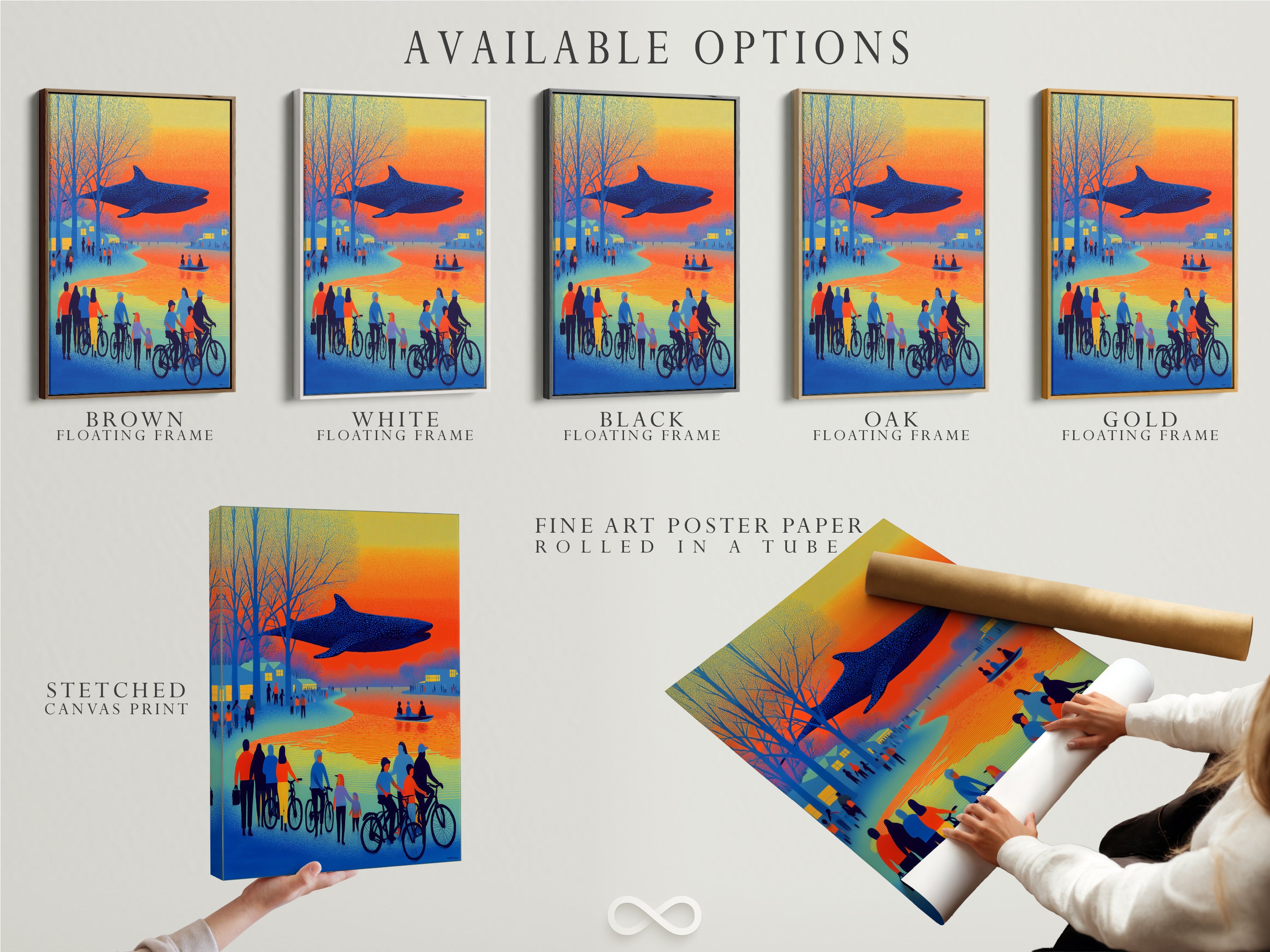 Available options are displayed: stretched canvas print fine art poster paper and floating frame. Choose the perfect format for your surreal whale artwork. The retro orange and blue scene shows lakeside bicyclists. This is perfect for eclectic styles. Customize your wall art to match your unique style.