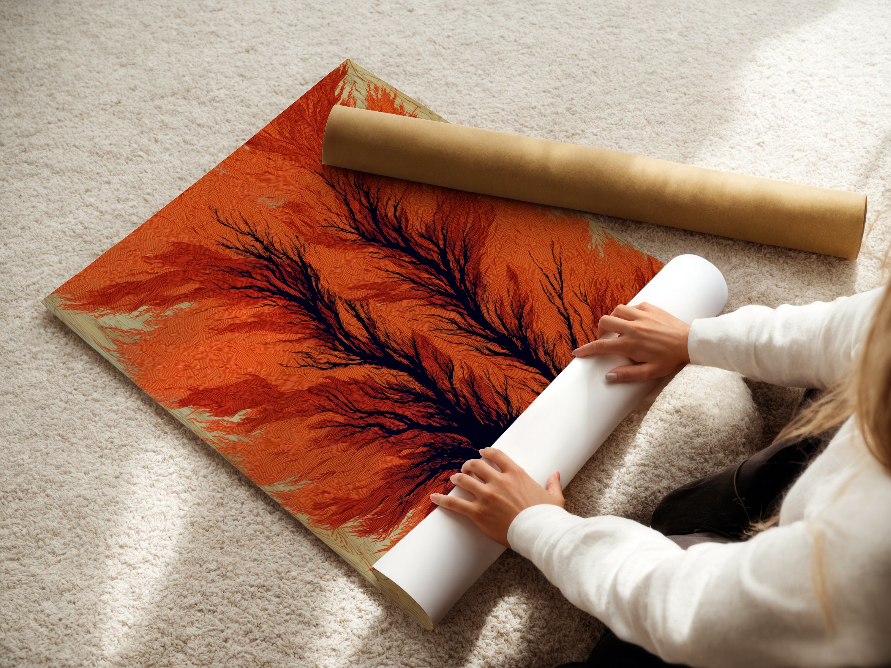 A woman carefully rolls a fine art poster paper. This paper is ideal for high-quality abstract prints. Create stunning burnt orange tree artwork. Perfect for modern botanical wall art or unique study room decor projects.