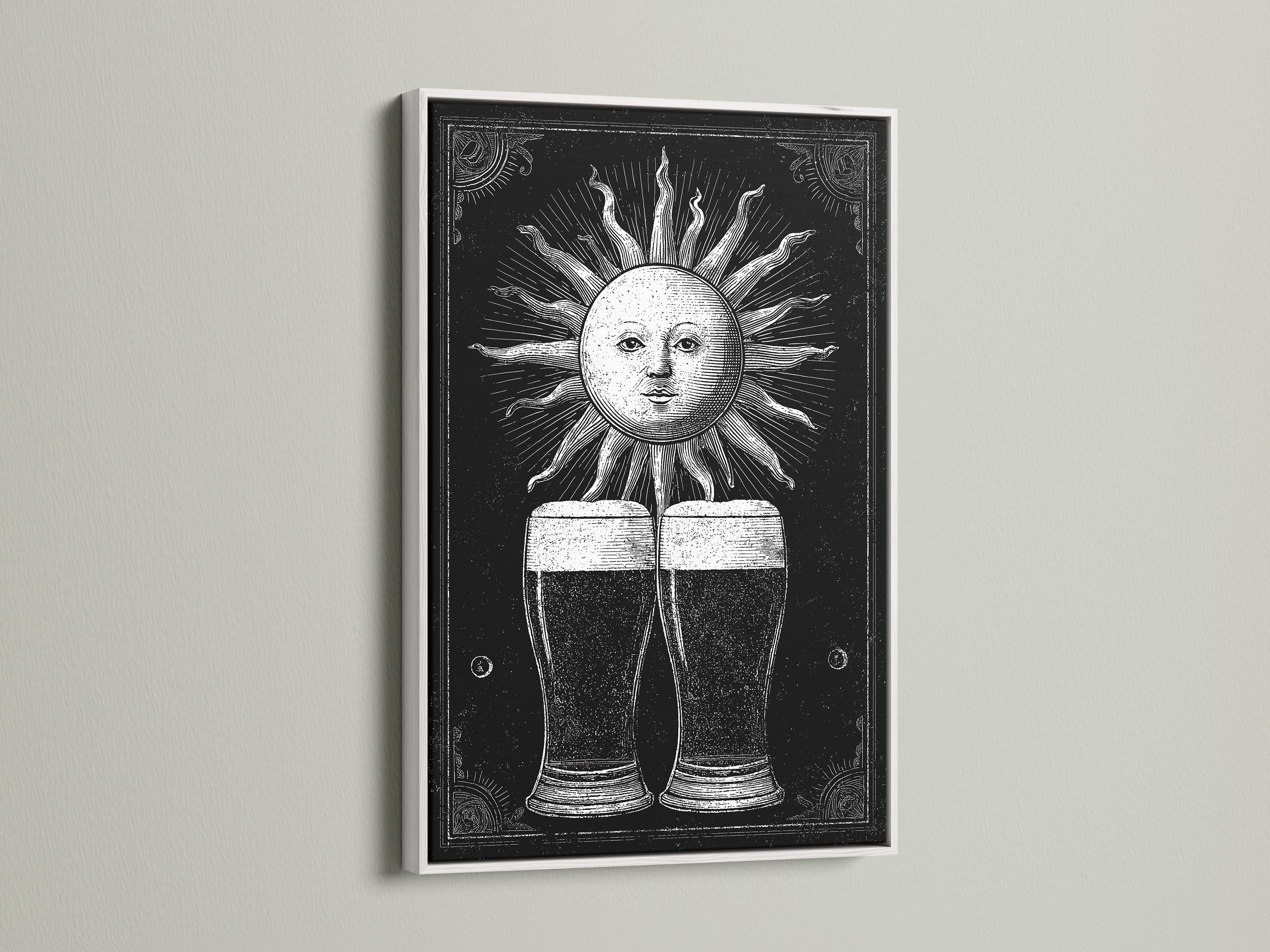 A white frame enhances this vintage sun illustration artwork. The print features two beer glasses under a sun. White frames provide a clean modern look. This framed art is perfect for any room. Find your style today.