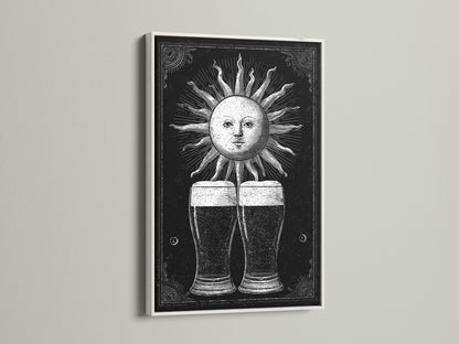 A white frame enhances this vintage sun illustration artwork. The print features two beer glasses under a sun. White frames provide a clean modern look. This framed art is perfect for any room. Find your style today.