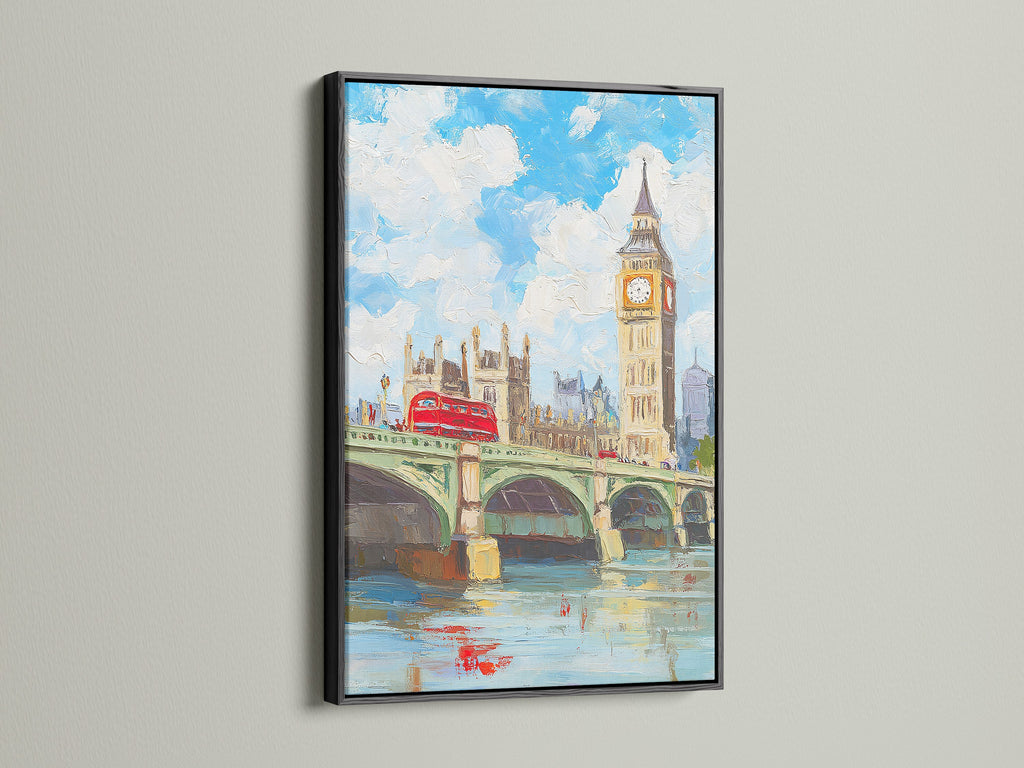 London Big Ben artwork displayed in a black frame. This British cityscape features Westminster Bridge. The black frame adds a modern touch. Enhance your office decor with this London artwork.