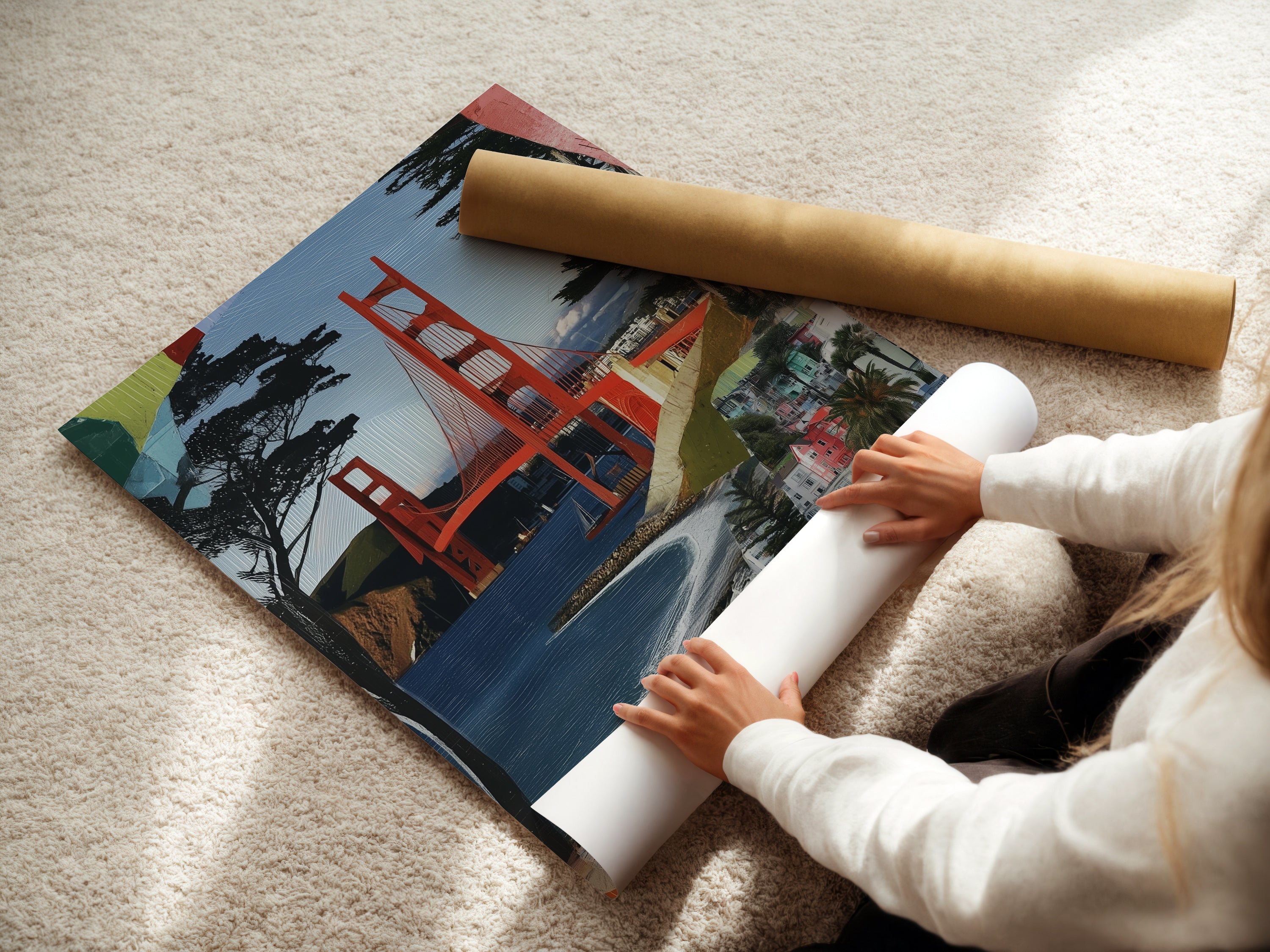 A woman is carefully rolling a fine art poster paper. Showcasing the care in handling the Golden Gate Bridge artwork. This California travel poster is ready for framing and display. It's perfect for travel enthusiasts.