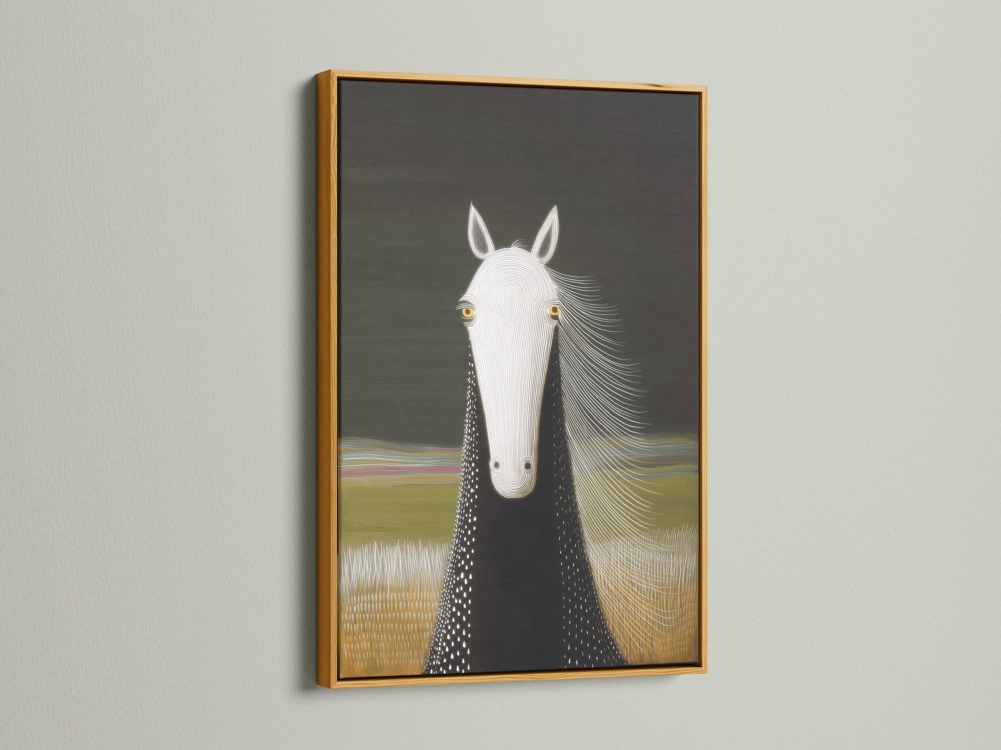 The gold frame adds elegance to this horse portrait canvas print. Perfect for modern wall art or farmhouse decor. Enhance your entryway with this minimalist print. This equine artwork is ideal for stables or ranch decor.