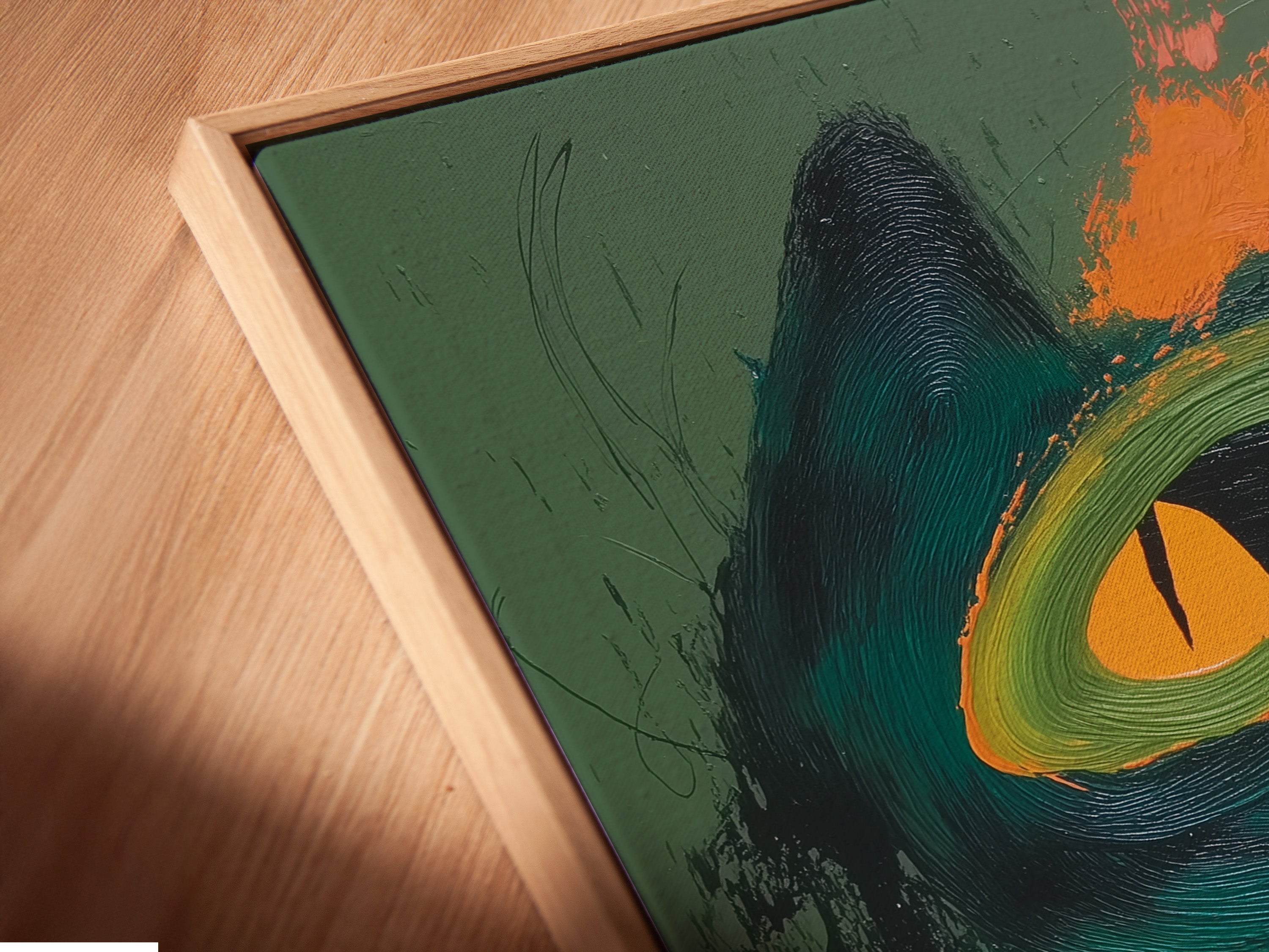 A close-up of a canvas print in a floating frame. The frame enhances the artwork. It gives it a sophisticated gallery-like appearance. See the detailed craftsmanship. It makes your art stand out.