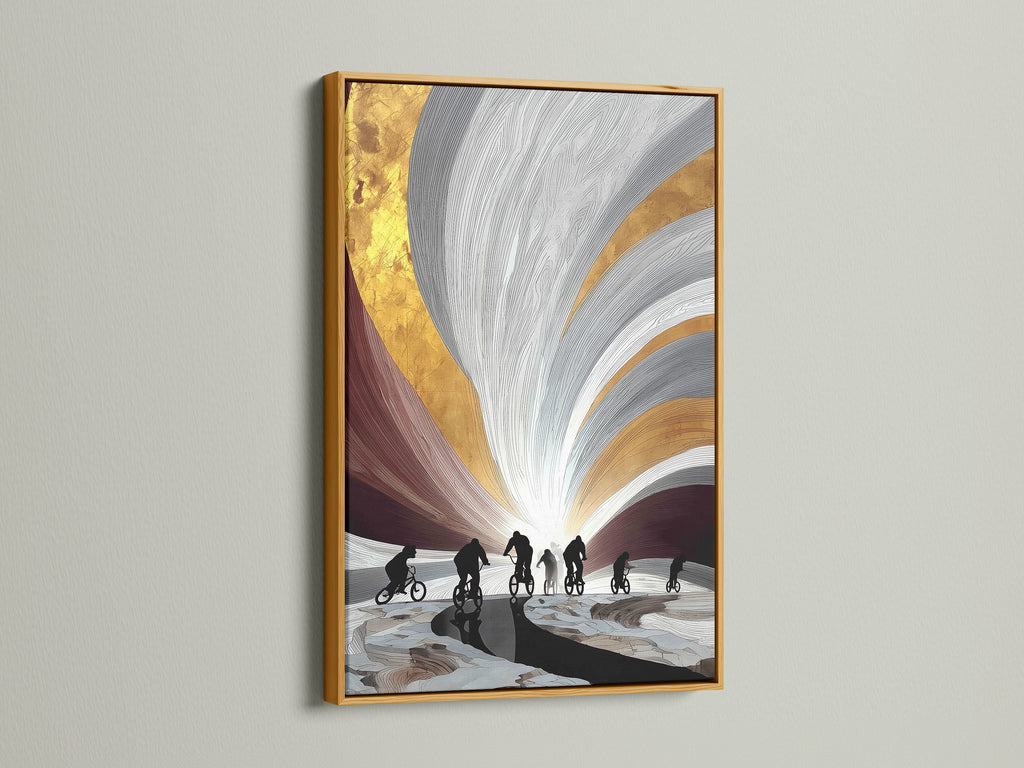 Discover cyclist artwork with a gold frame. This art features cyclists with an abstract gold and gray backdrop. The gold frame adds a luxurious touch to the artwork. Ideal for living rooms or offices.