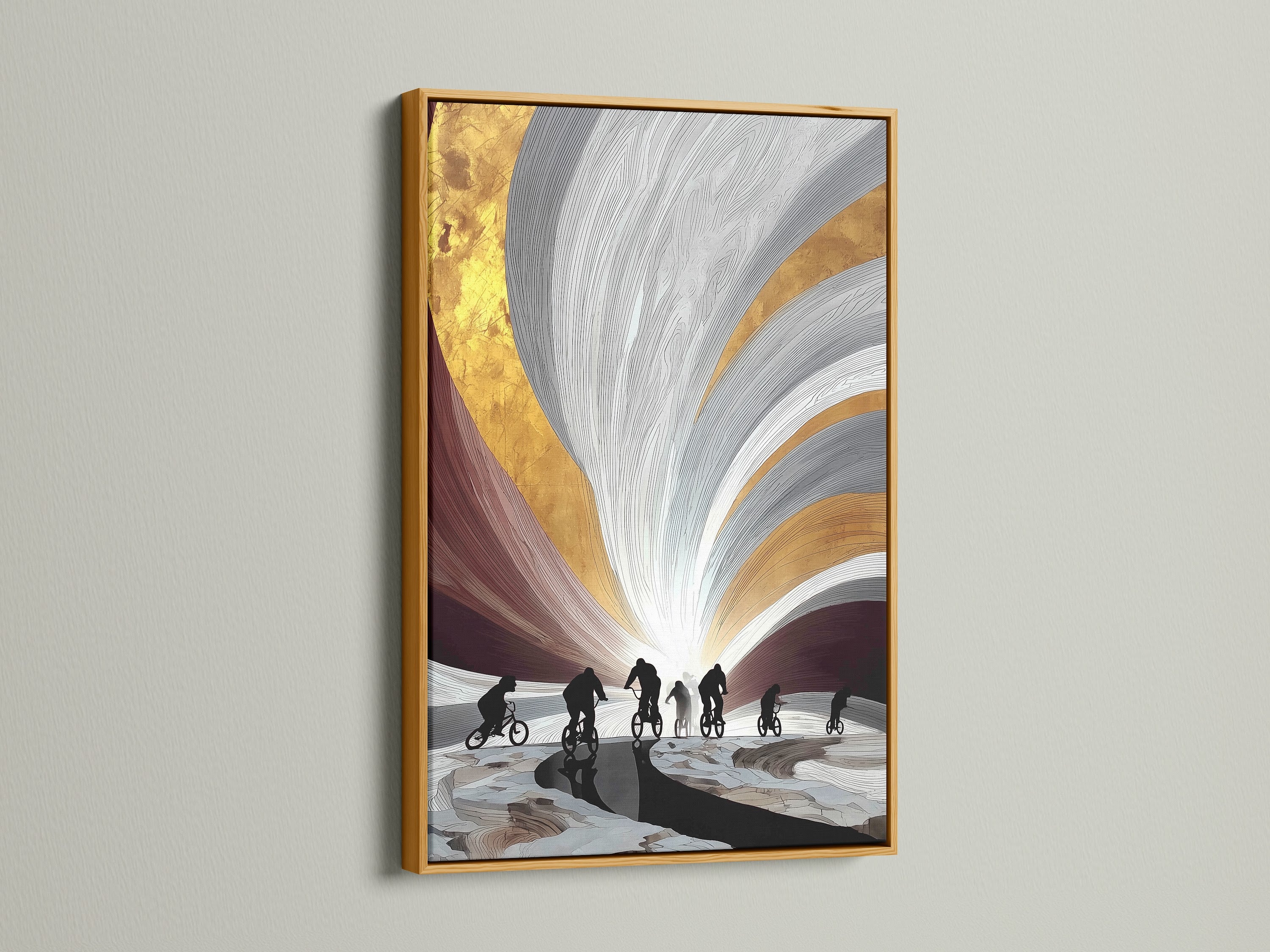 Discover cyclist artwork with a gold frame. This art features cyclists with an abstract gold and gray backdrop. The gold frame adds a luxurious touch to the artwork. Ideal for living rooms or offices.