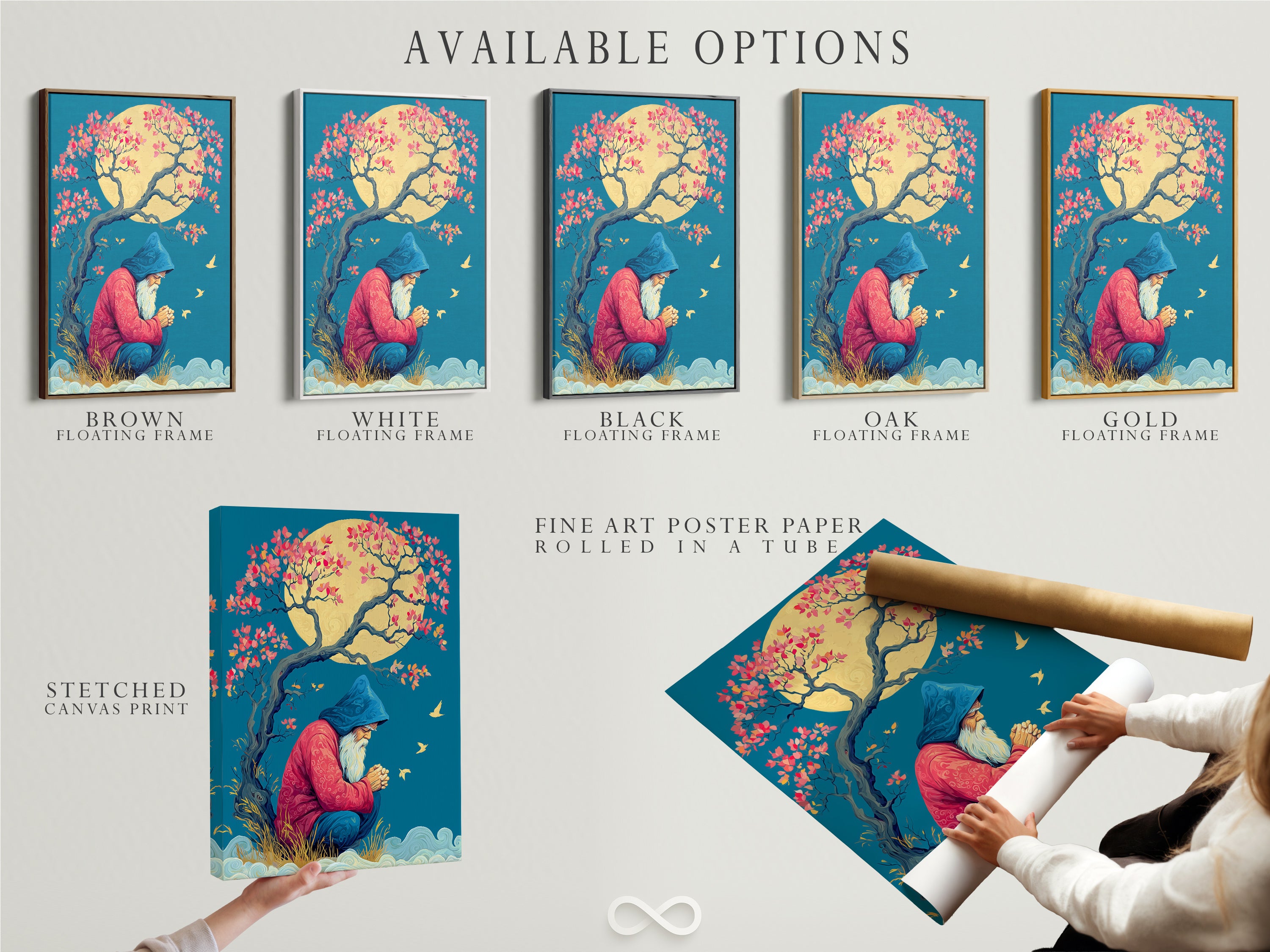 Available options for the Wizard Canvas Print. Choose between a stretched canvas print fine art poster paper or a floating frame. This mystical tree wall art is great for meditation room decor. Find spiritual magic wall art for zen artwork and calming wall art.
