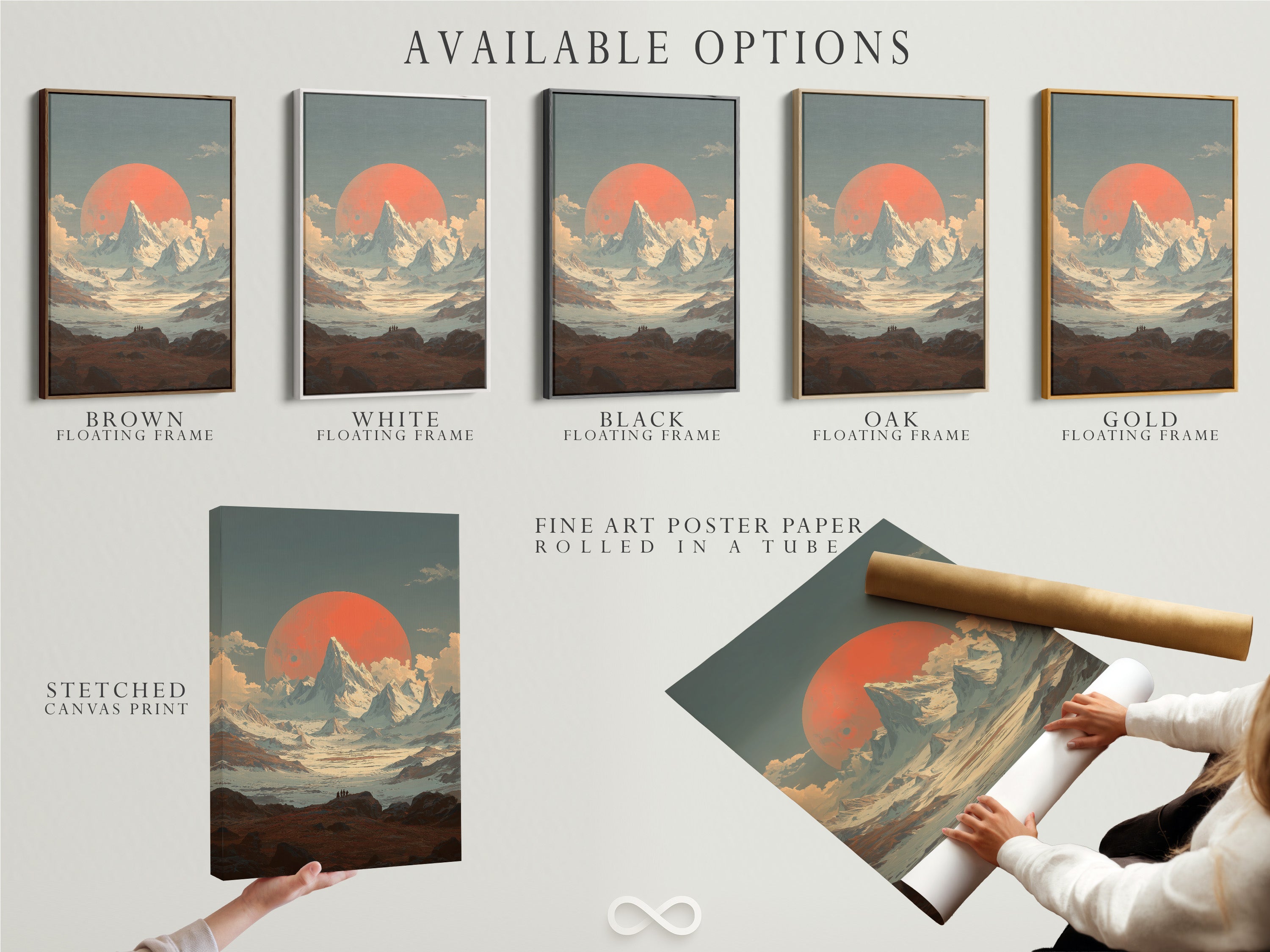 Available options include a stretched canvas print a fine art poster paper and a floating frame. Choose the best option for your mountain sunset artwork. The vintage alpine landscape wall art will enhance your space. The coral sun print is versatile. Customize your art today.