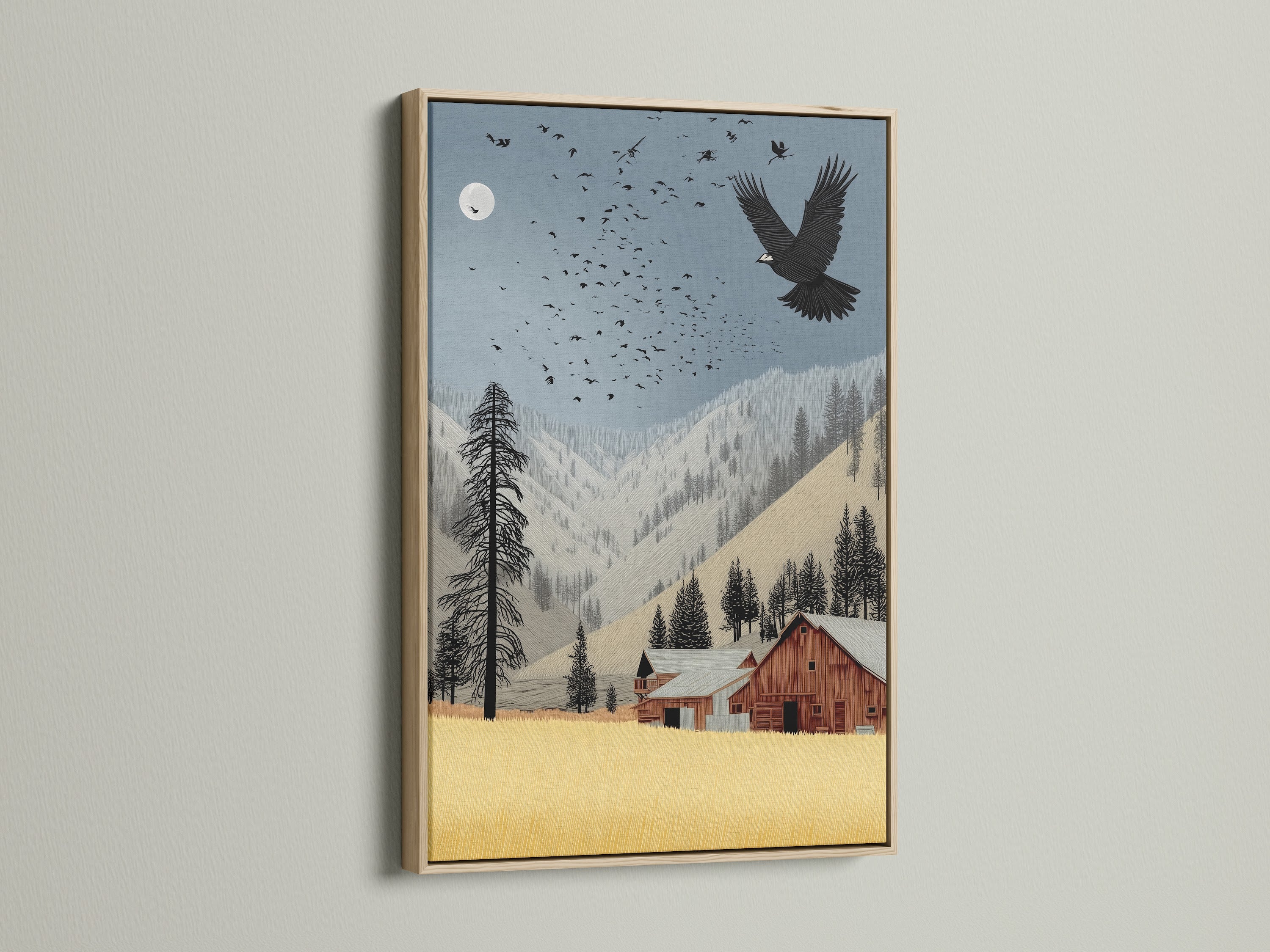 A captivating barn landscape artwork featuring an eagle in flight. This rustic wall art is framed in oak. It brings a vintage touch to any space. Ideal for farmhouse decor and cabin wall decor. This piece enhances living rooms bedrooms studies and lodges.