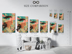 Size comparison chart in an interior setting. It shows various sizes of art prints and canvases. See how different sizes fit within a room. Visualize the perfect artwork size for your space. Make the right choice for your home.