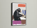 A striking monkey computer art print displayed in a black frame. This funny animal art is a great conversation starter. It's ideal for IT professionals or anyone with a sense of humor. The primate artwork adds a contemporary touch to your office wall decor. This chimp wall art is both modern and quirky.