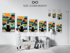 A size comparison chart is displayed in an interior setting. It shows Zen Wall Art in various sizes. The artwork features a woman meditating. Choose the perfect size for your space.