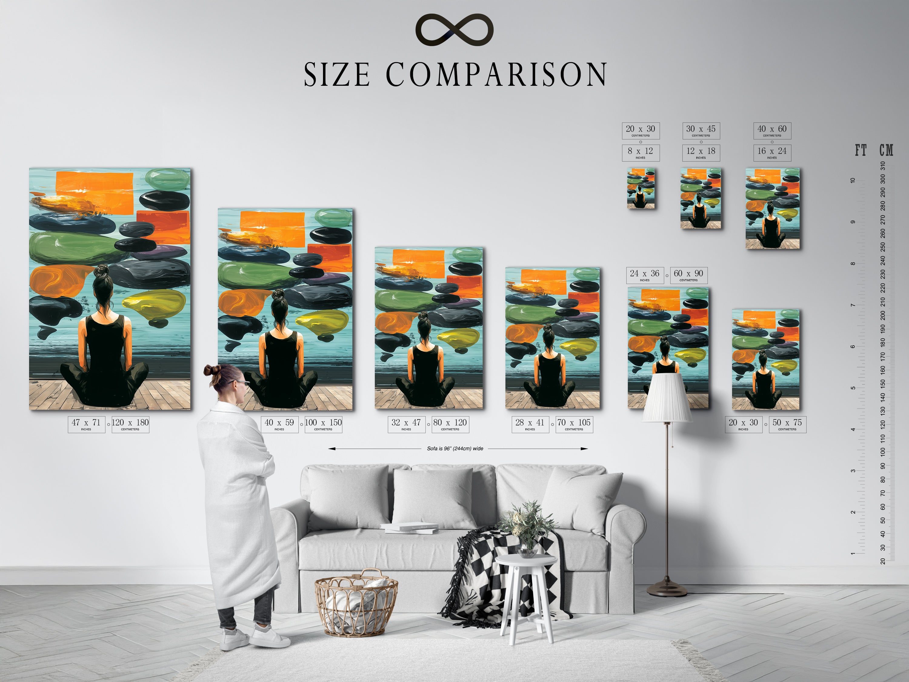 A size comparison chart is displayed in an interior setting. It shows Zen Wall Art in various sizes. The artwork features a woman meditating. Choose the perfect size for your space.
