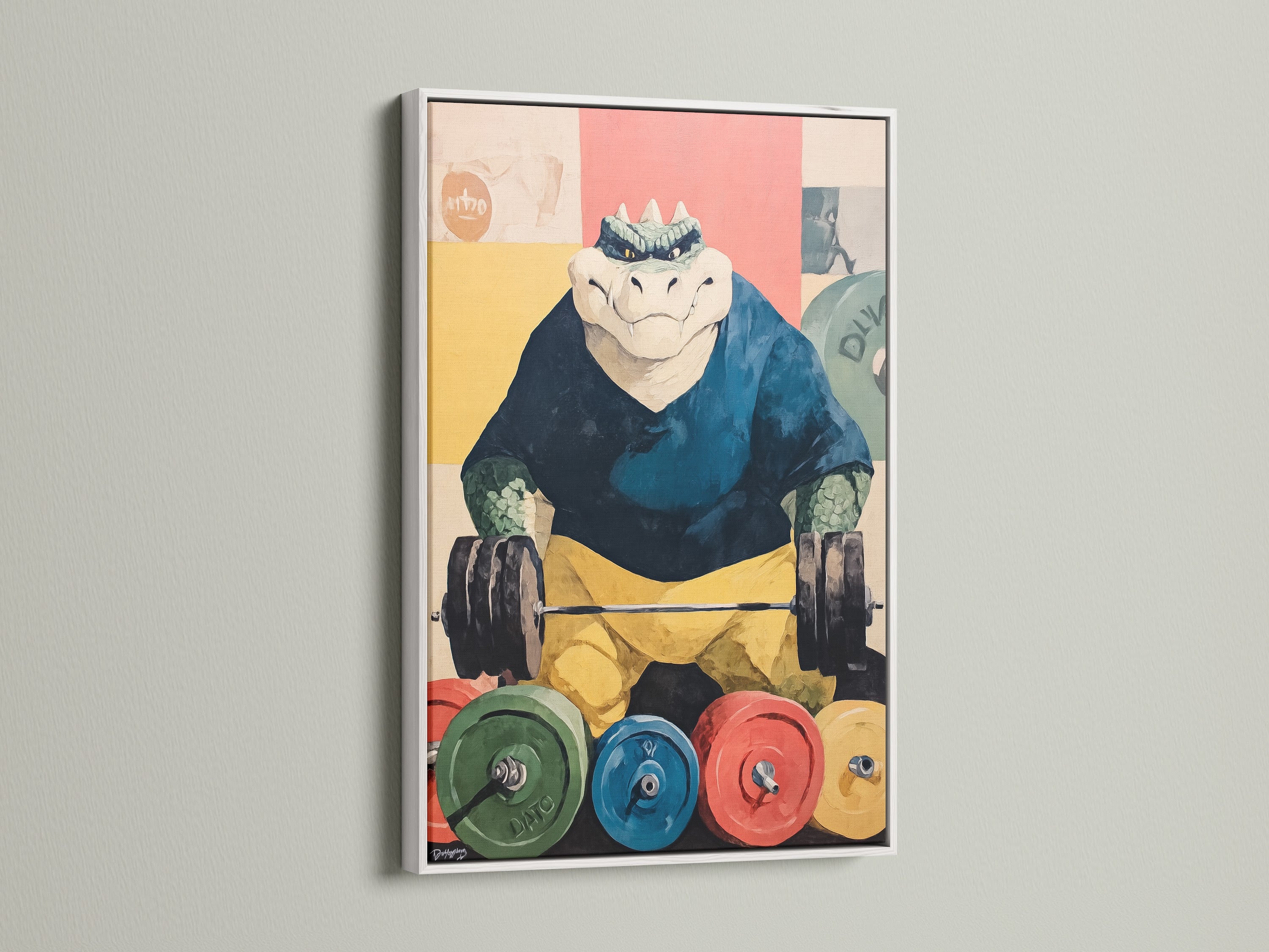 Weightlifting Gator artwork in a white frame. The funny animal art is ideal for home gym decor. It's a great gift for personal trainers. This gator artwork adds a modern touch to any space.
