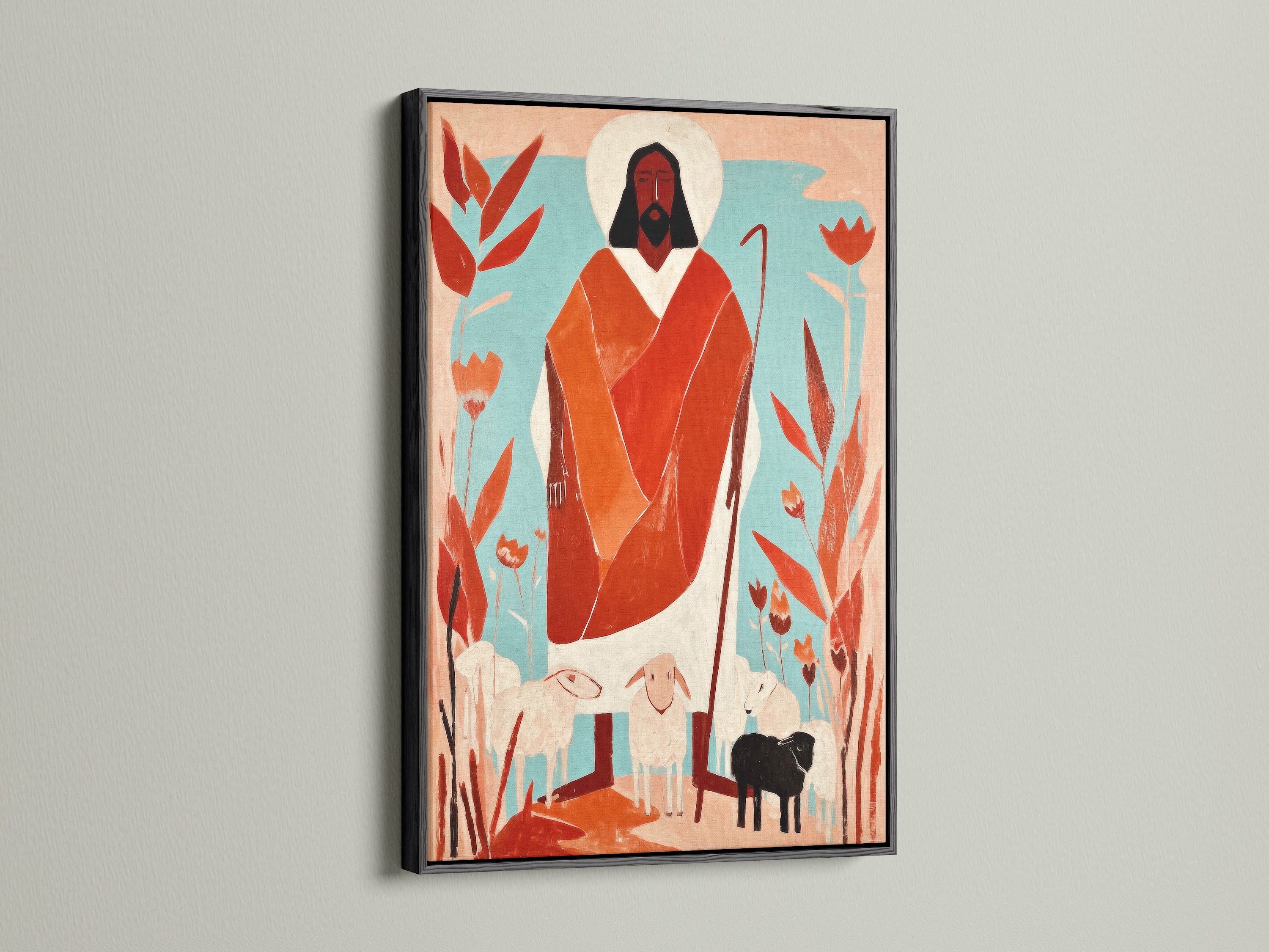 Artwork in a black frame is displayed. The black frame offers a bold and sophisticated look. It enhances the artwork's visual impact. It makes the colors pop. Ideal for modern and classic interiors.