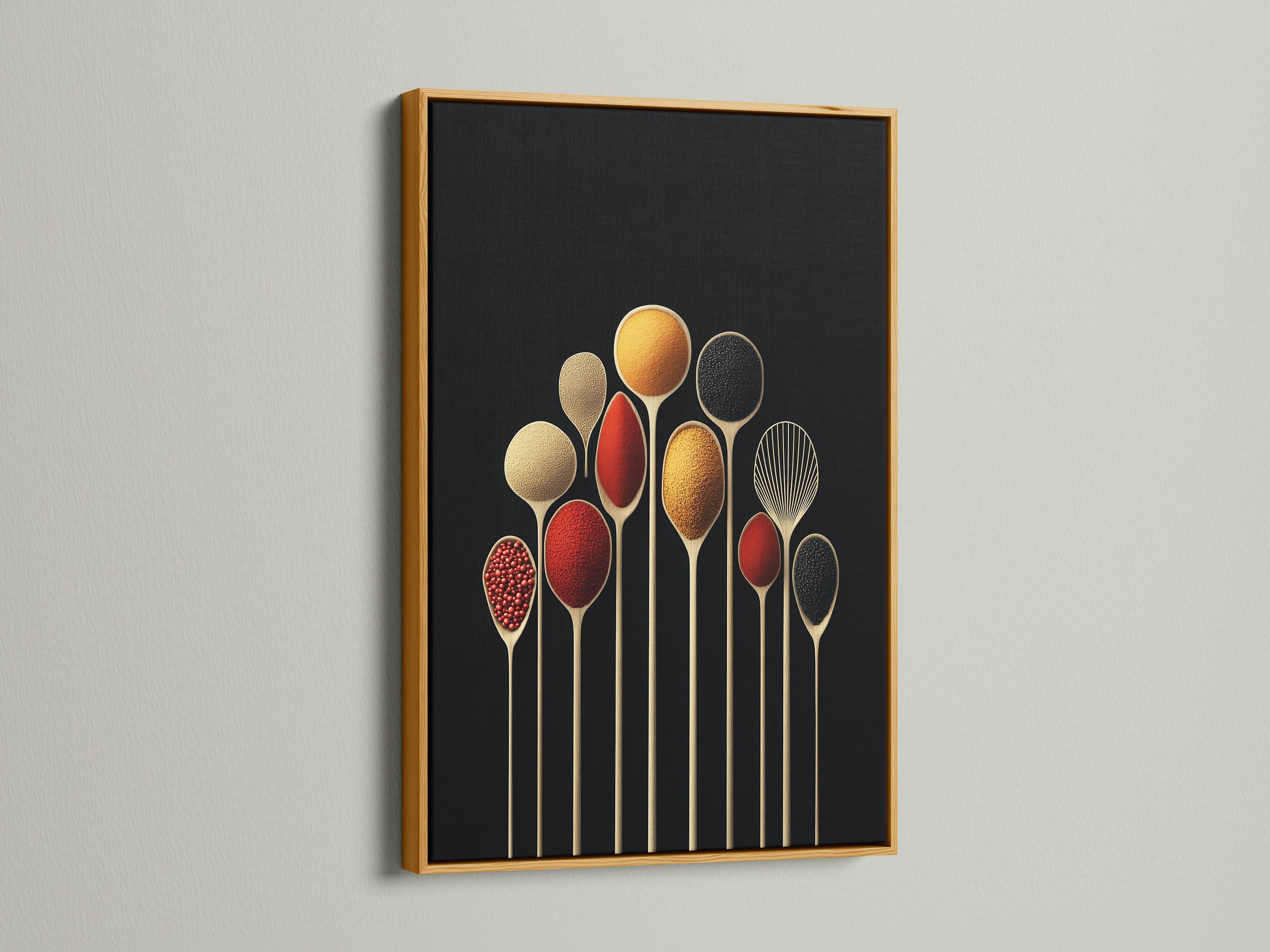 Spice Spoons canvas print in a gold frame. This modern kitchen art provides elegant dining decor. A unique foodie gift featuring spice art with a sophisticated gold frame.