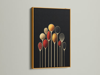 Spice Spoons canvas print in a gold frame. This modern kitchen art provides elegant dining decor. A unique foodie gift featuring spice art with a sophisticated gold frame.