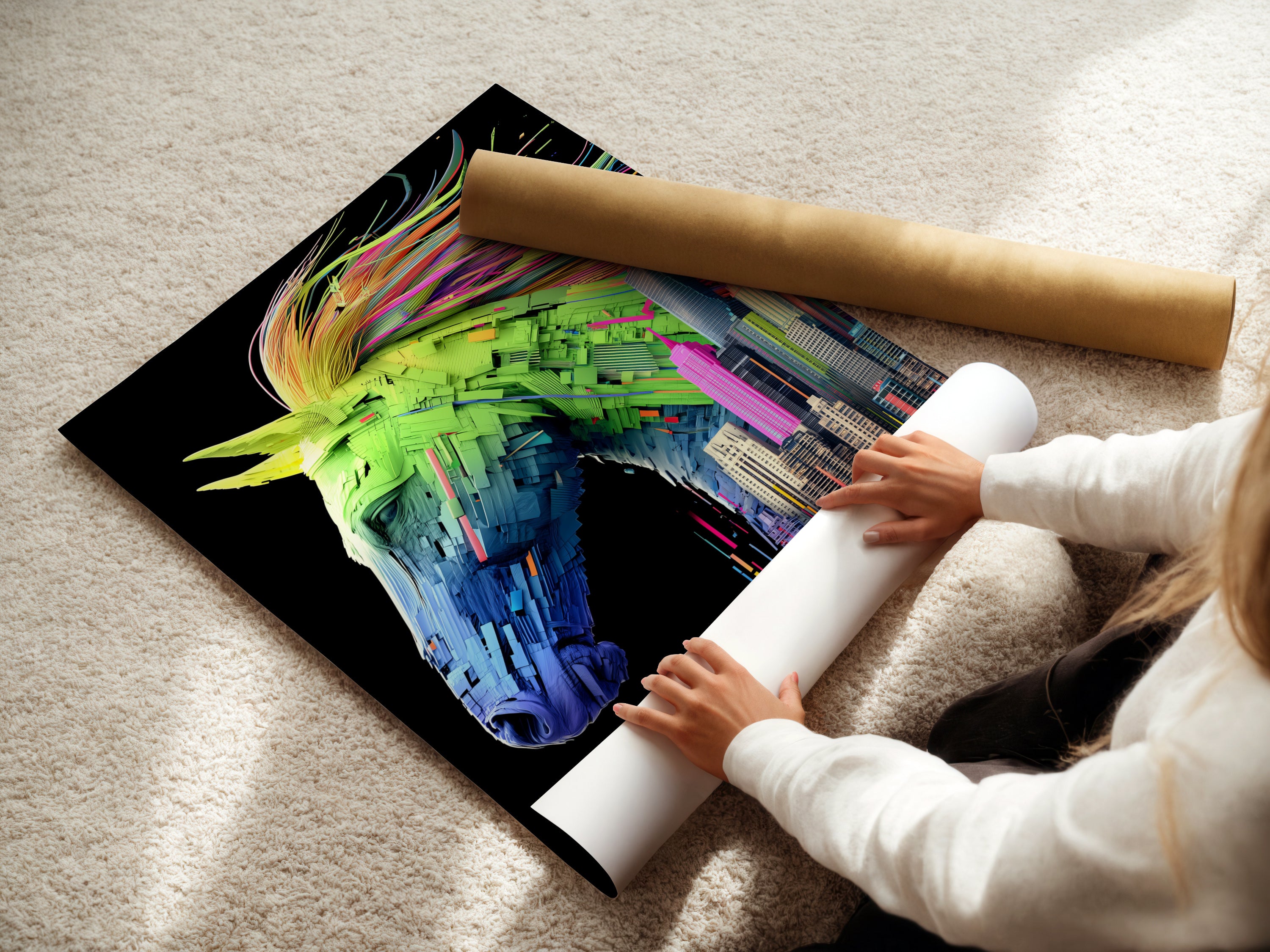 A woman carefully rolls a fine art poster paper. The paper showcases a horse art print. This image highlights the care in handling artwork. Perfect for creating high-quality prints of modern wall art.