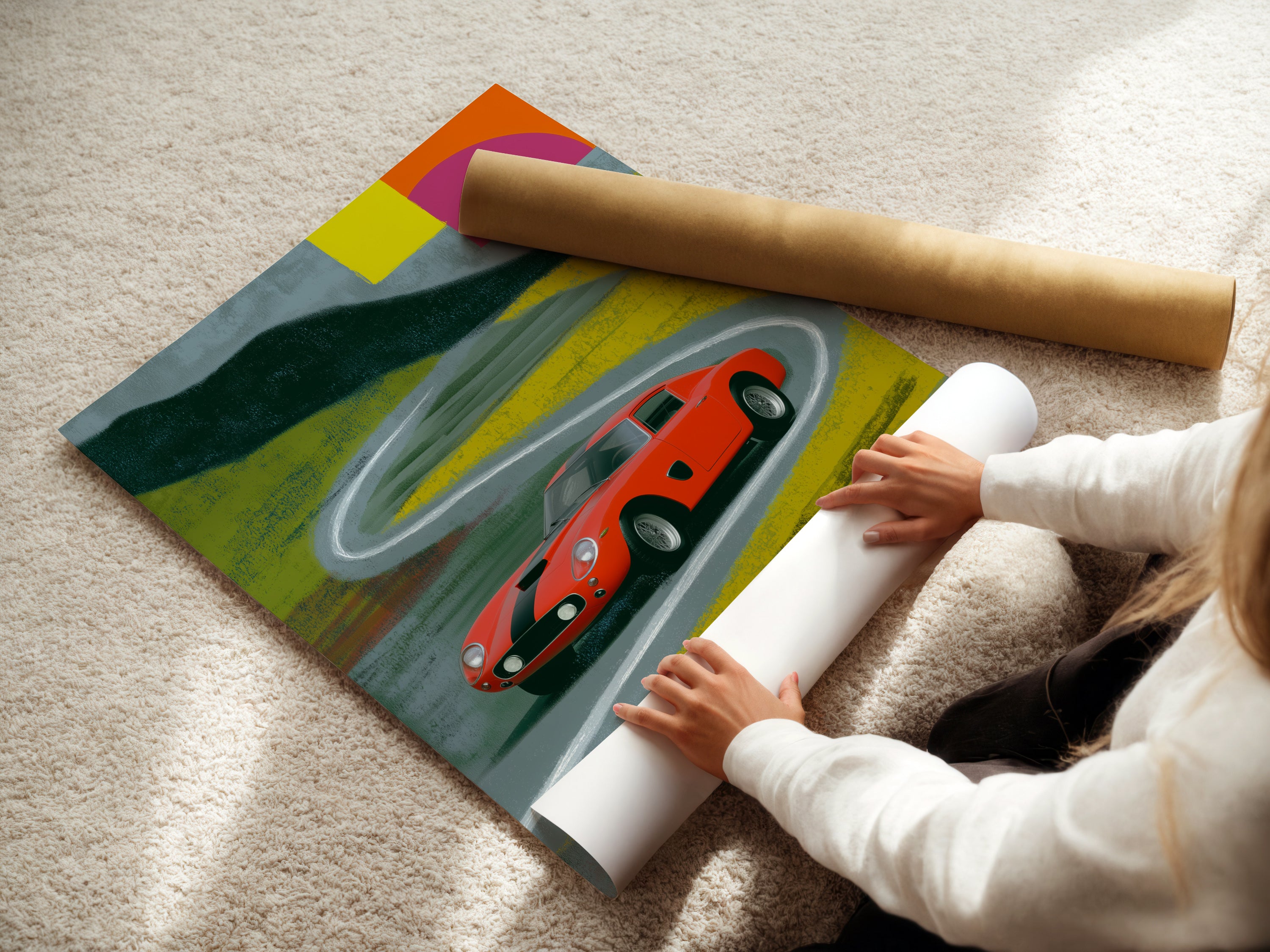 A woman is carefully rolling a fine art poster paper. The vintage Ferrari artwork will be printed on it. This allows for high-quality reproductions. Perfect for creating vibrant and detailed prints.