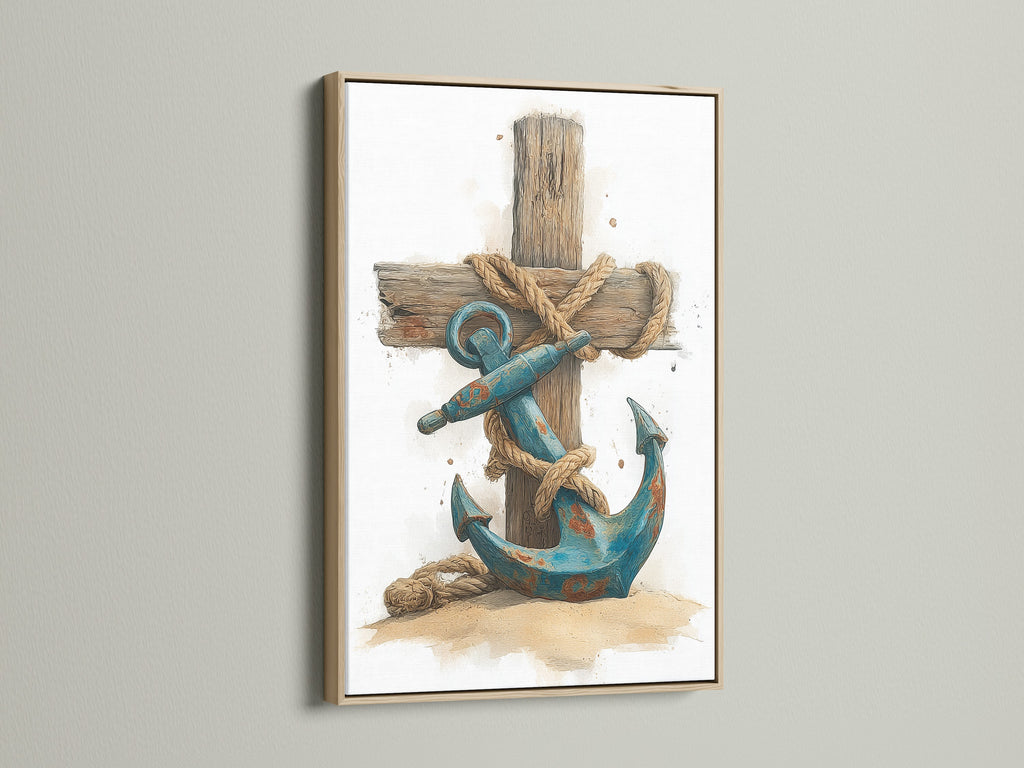 A close-up of a framed art print in an oak frame. The artwork features a blue anchor. It is wrapped in rope against a wooden cross. The oak frame adds a touch of warmth. It enhances the nautical theme of the art.