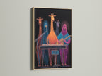 This oak frame showcases a giraffe band artwork. It is colorful music wall decor. The neon animal musicians create a funky print. Perfect for a music studio or kids' room. This vibrant animal art adds a playful touch. It's a great gift for musicians.