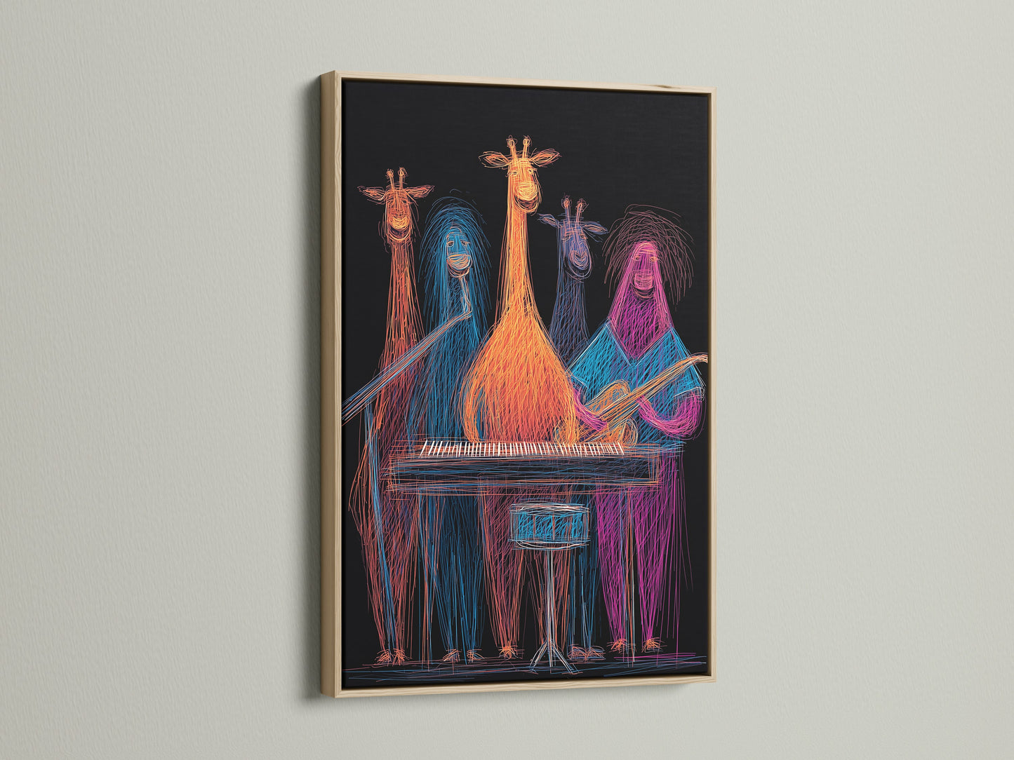 This oak frame showcases a giraffe band artwork. It is colorful music wall decor. The neon animal musicians create a funky print. Perfect for a music studio or kids' room. This vibrant animal art adds a playful touch. It's a great gift for musicians.