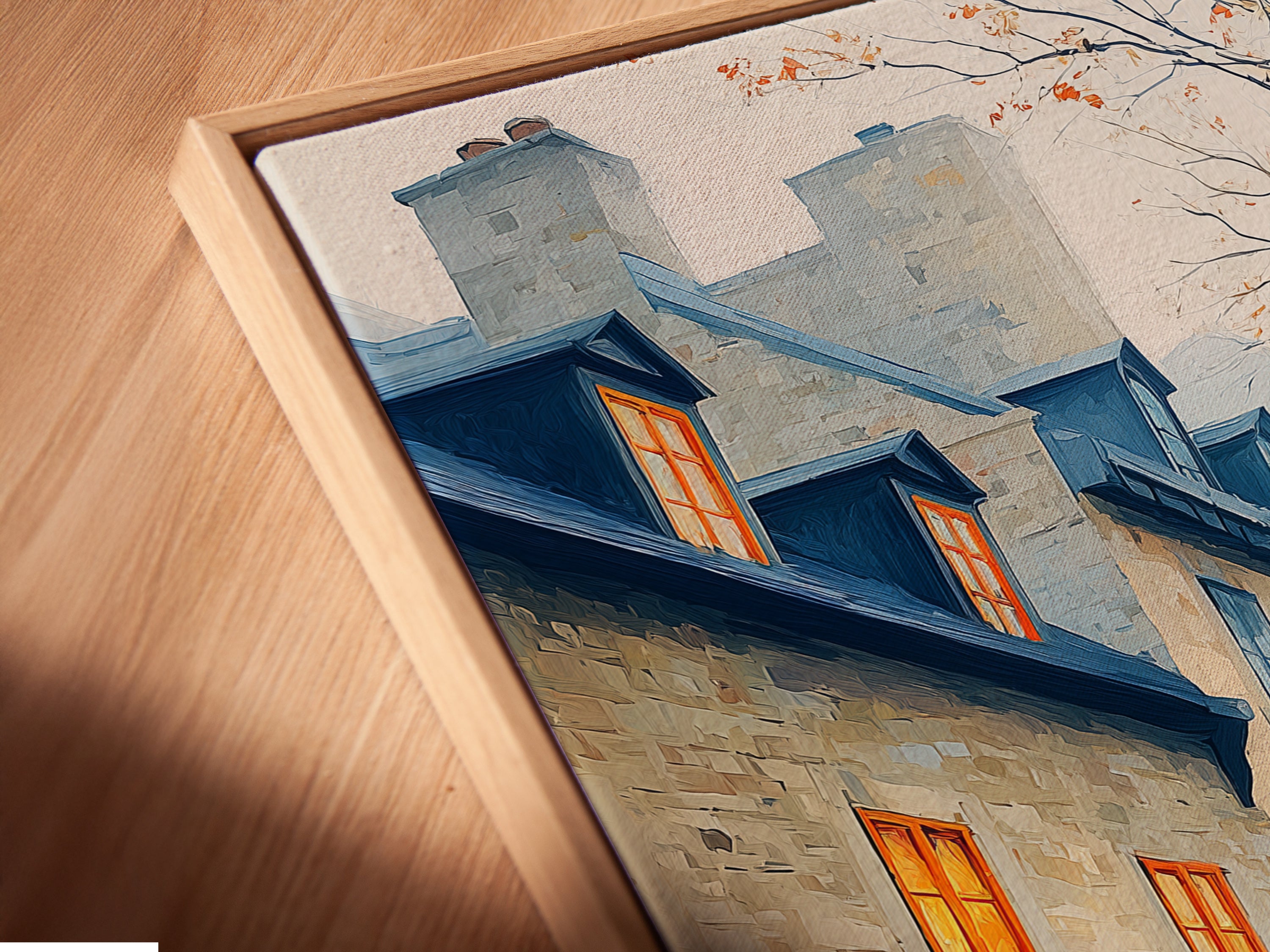 A close up of a canvas print in floating frame featuring a vintage European cityscape artwork. See the foggy street scene with classic buildings. The frame is ideal for study room decor or modern living room art. Add antique style to your home with this urban landscape.