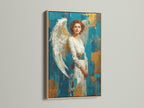 A captivating artwork of an angel framed in oak hangs gracefully on a wall. The oak frame enhances the artwork's beauty. Discover the warmth and elegance of oak frames for your cherished art prints. Elevate your art with our oak frames.