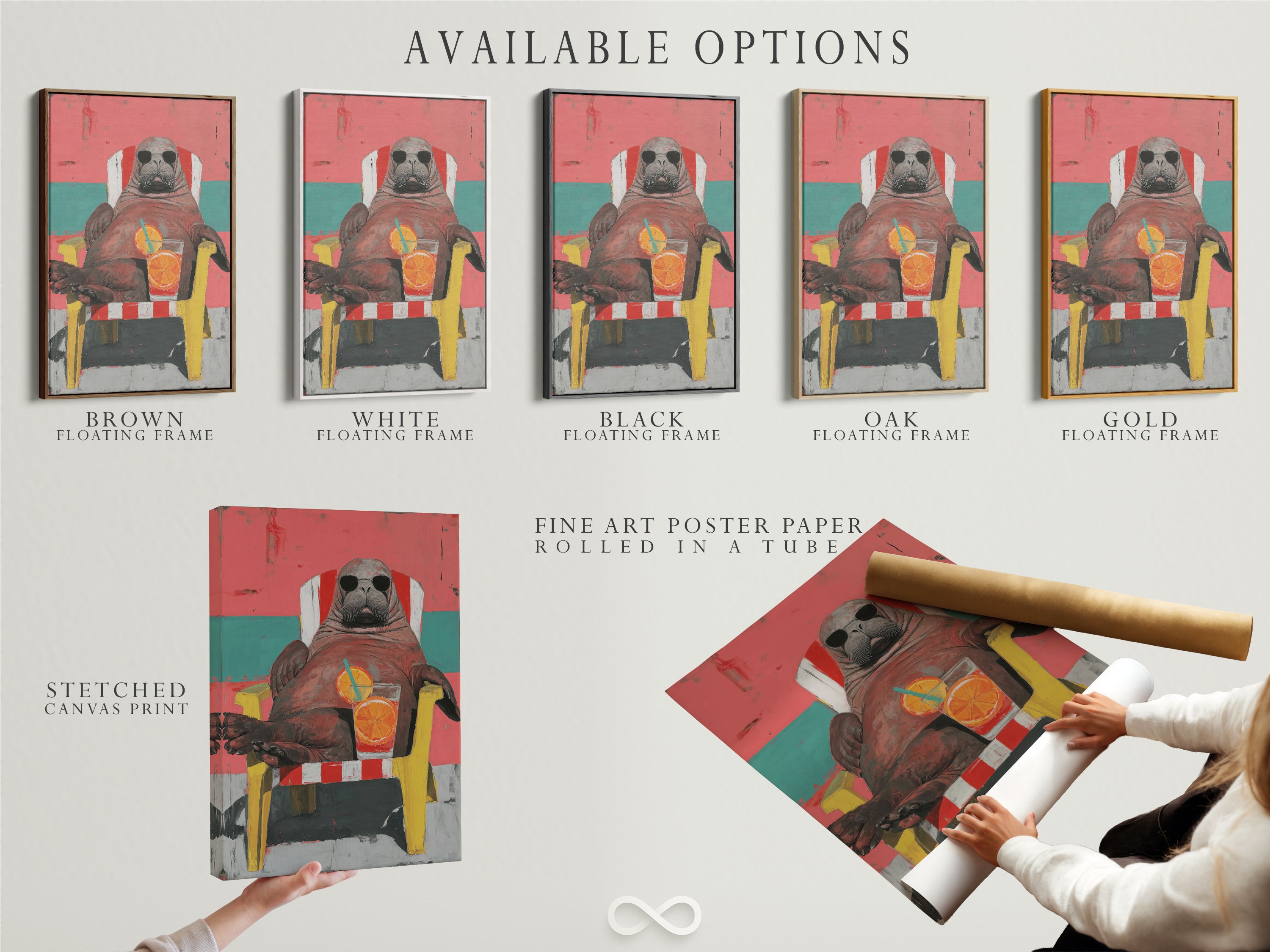 Displayed are the available options for the Walrus Wall Art Print. You can choose from a stretched canvas print. There is also the fine art poster paper. Another option is a floating frame. This quirky animal art brings retro summer vibes. It is perfect for beach house decor and adding a unique touch to any space.