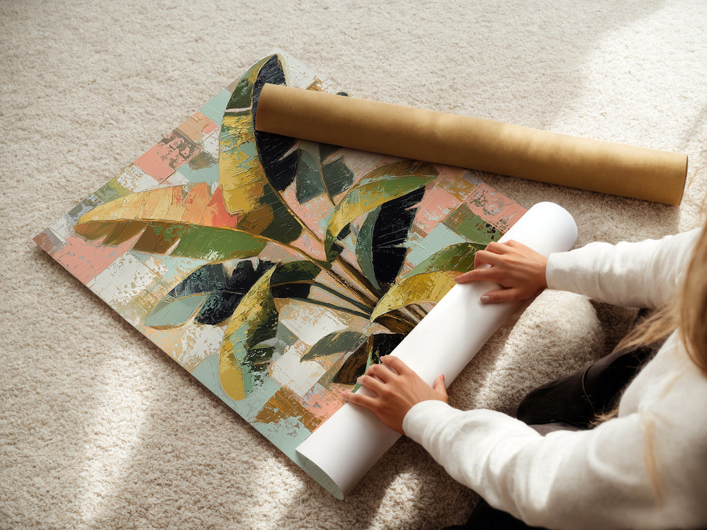 A woman is carefully rolling a fine art poster paper print. The tropical plant artwork is ready to be displayed. High-quality botanical artwork enhances any interior. Perfect for modern or boho styles.