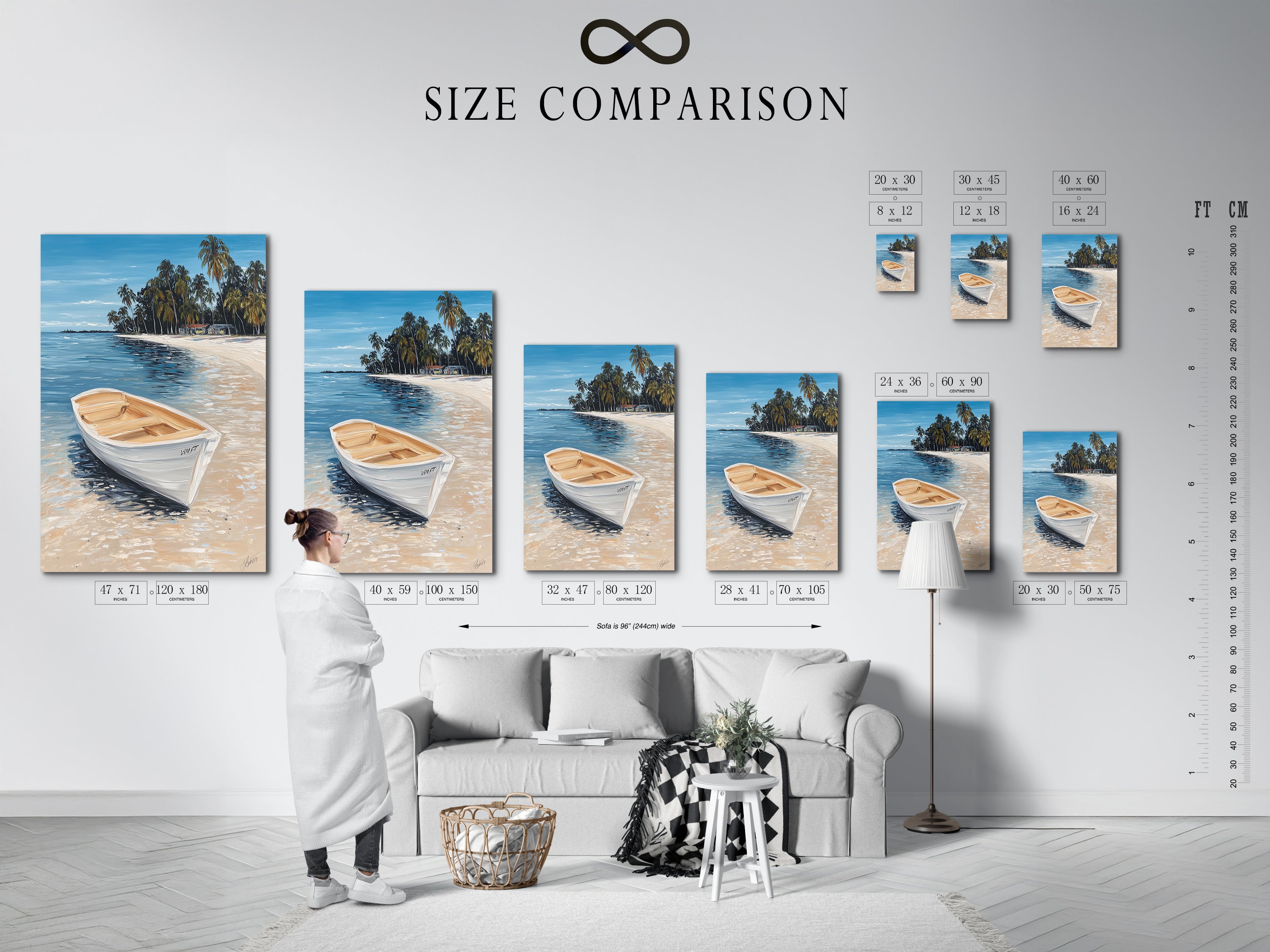 Size comparison chart displayed in an interior setting. Showcasing various sizes of our tropical beach artwork. This coastal wall art features a white boat. Find the perfect fit for your space. Explore our seascape paintings and beachy home decor options.
