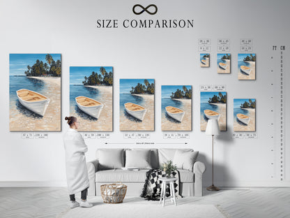 Size comparison chart displayed in an interior setting. Showcasing various sizes of our tropical beach artwork. This coastal wall art features a white boat. Find the perfect fit for your space. Explore our seascape paintings and beachy home decor options.