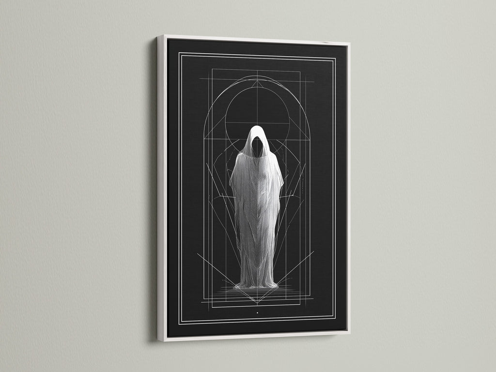 Artwork displayed in a white frame. The art features a figure in a shroud. Geometric lines accent the piece. The white frame offers a clean look. View stretched canvas and fine art paper options. Frame colors include oak black and gold. Choose your perfect style.