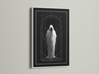 Artwork displayed in a white frame. The art features a figure in a shroud. Geometric lines accent the piece. The white frame offers a clean look. View stretched canvas and fine art paper options. Frame colors include oak black and gold. Choose your perfect style.