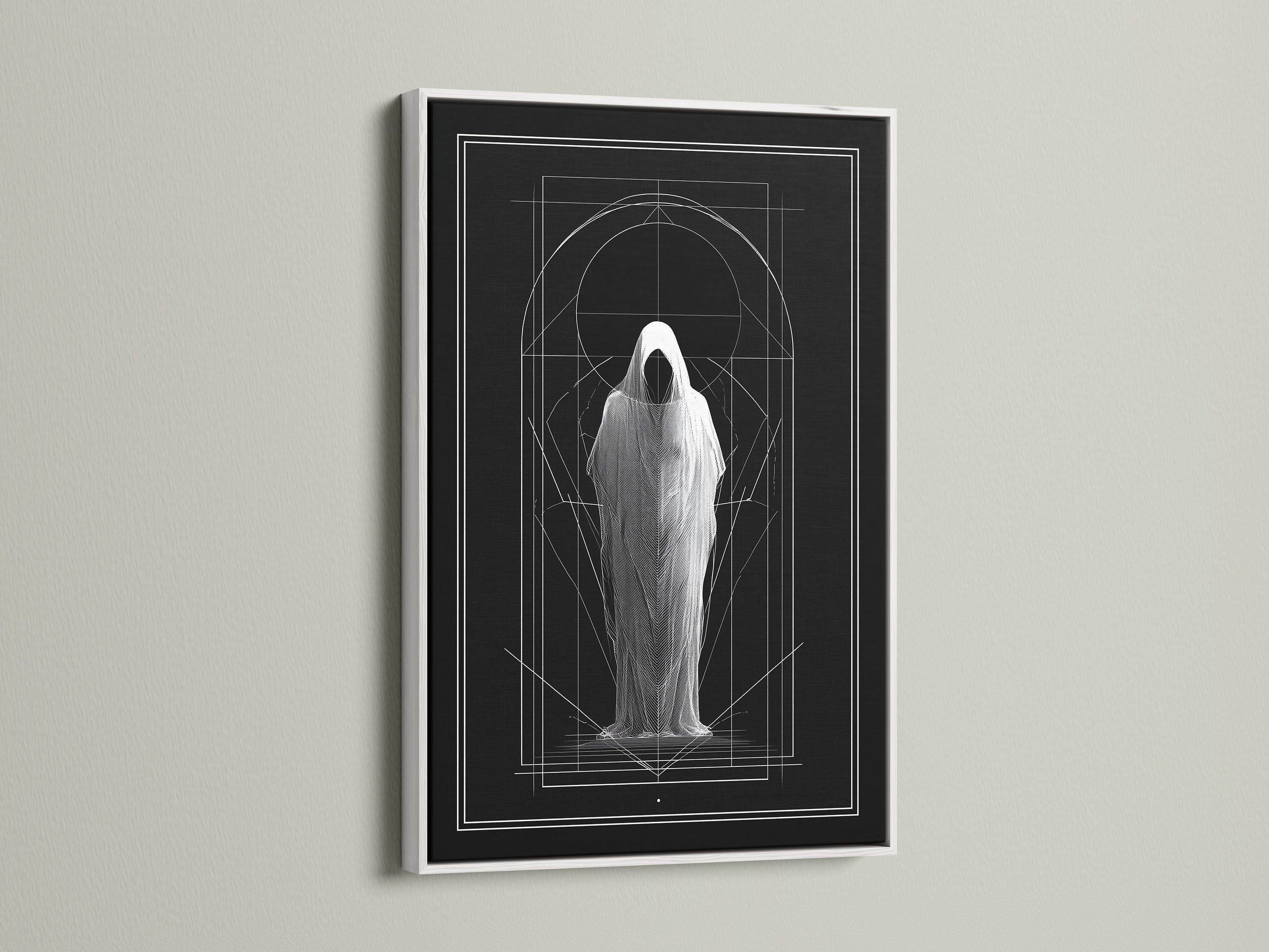 Artwork displayed in a white frame. The art features a figure in a shroud. Geometric lines accent the piece. The white frame offers a clean look. View stretched canvas and fine art paper options. Frame colors include oak black and gold. Choose your perfect style.