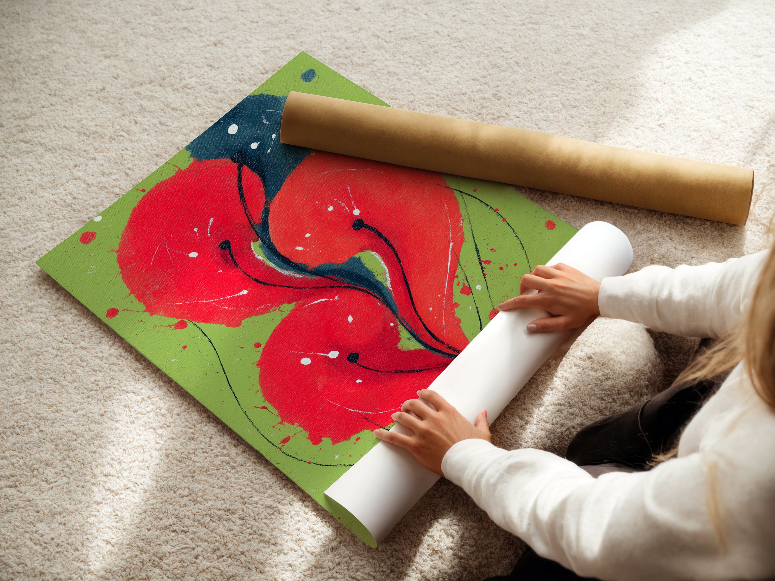 A woman is carefully rolling a fine art poster paper. Preparing to package and ship a piece of abstract artwork. High-quality materials ensure the artwork arrives in perfect condition. This fine art poster paper is ideal for vibrant and lasting prints. Ensuring customer satisfaction with every order.