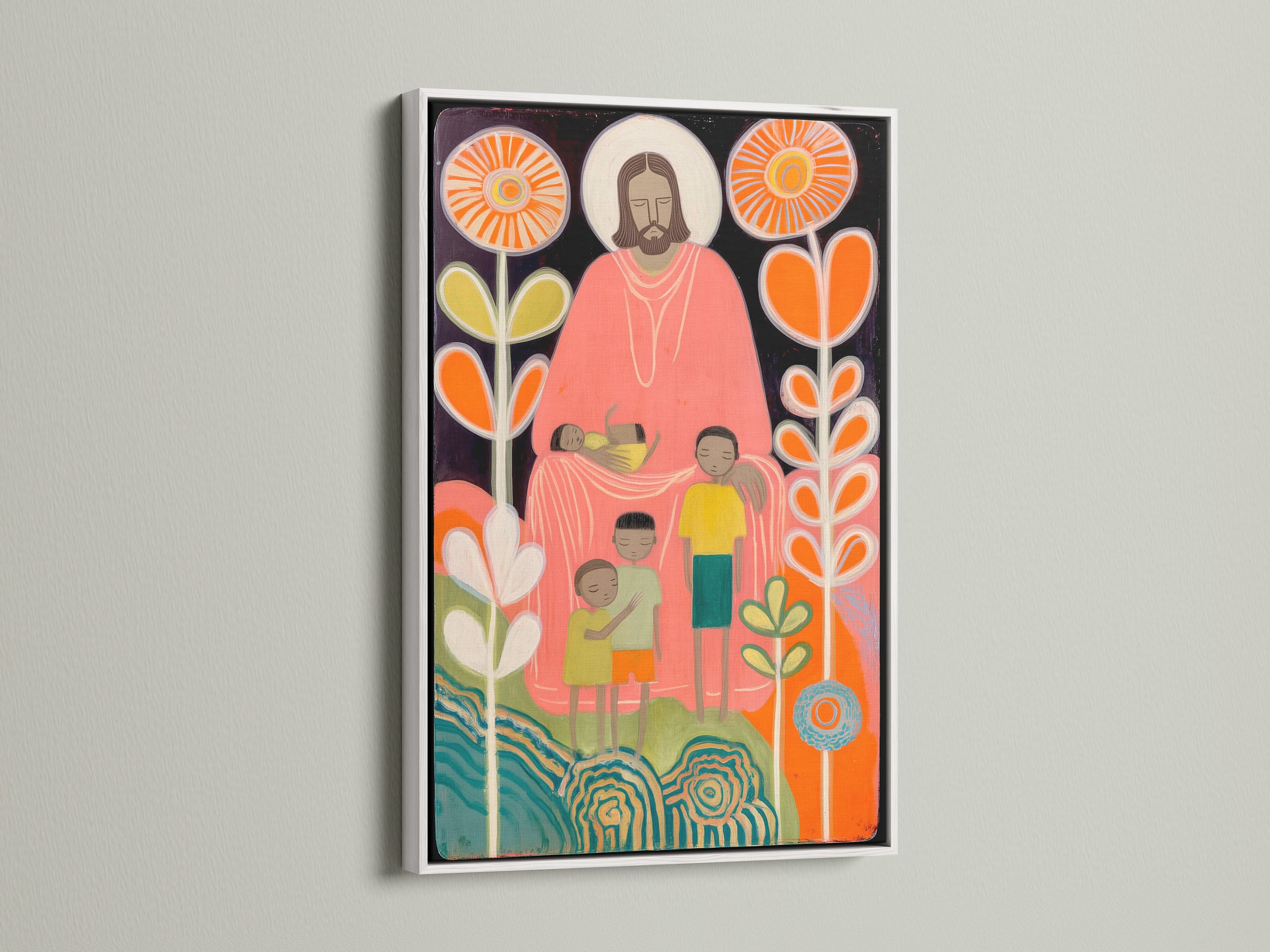 Artwork with a white frame is displayed on a white wall. The art features a figure surrounded by children and flowers. The white frame gives a clean modern look. This artwork will brighten any space. Consider this piece for your art collection.